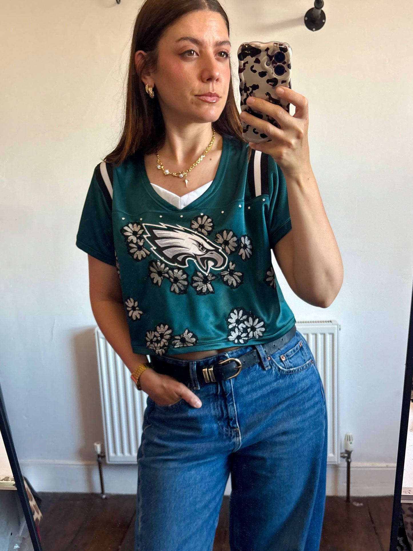 Vintage Y2K NFL Philadelphia Eagles daisy lace diamanté cropped jersey tshirt.