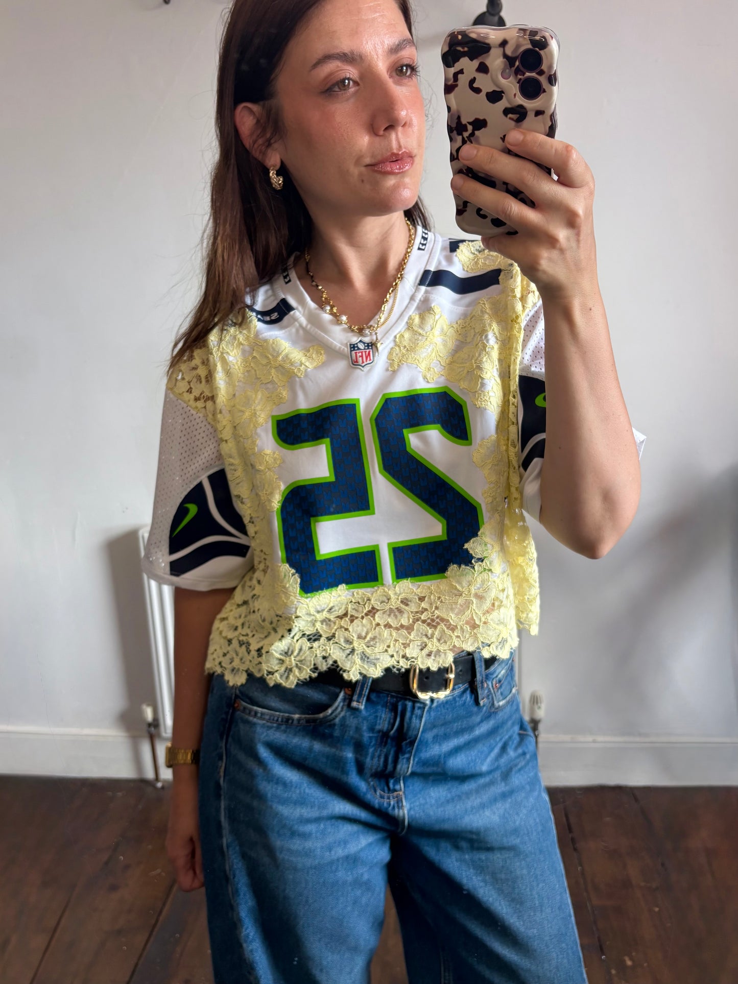Vintage Y2K NFL Nike Seattle Seahawks butter yellow lace cropped jersey tshirt