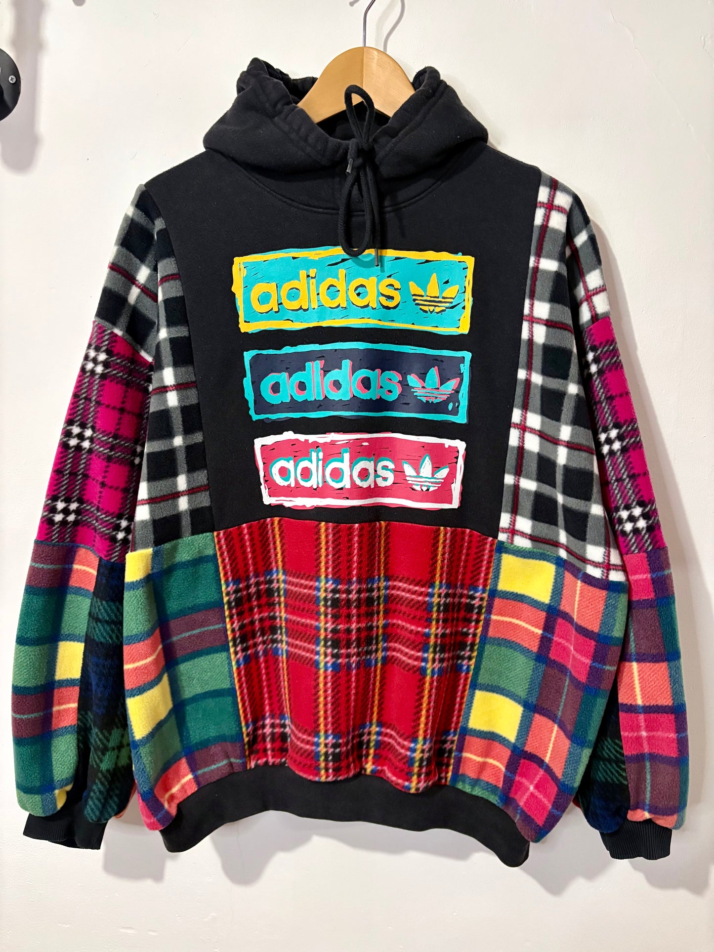 Y2K black adidas tartan checked fleece patchwork hoodie sweatshirt.