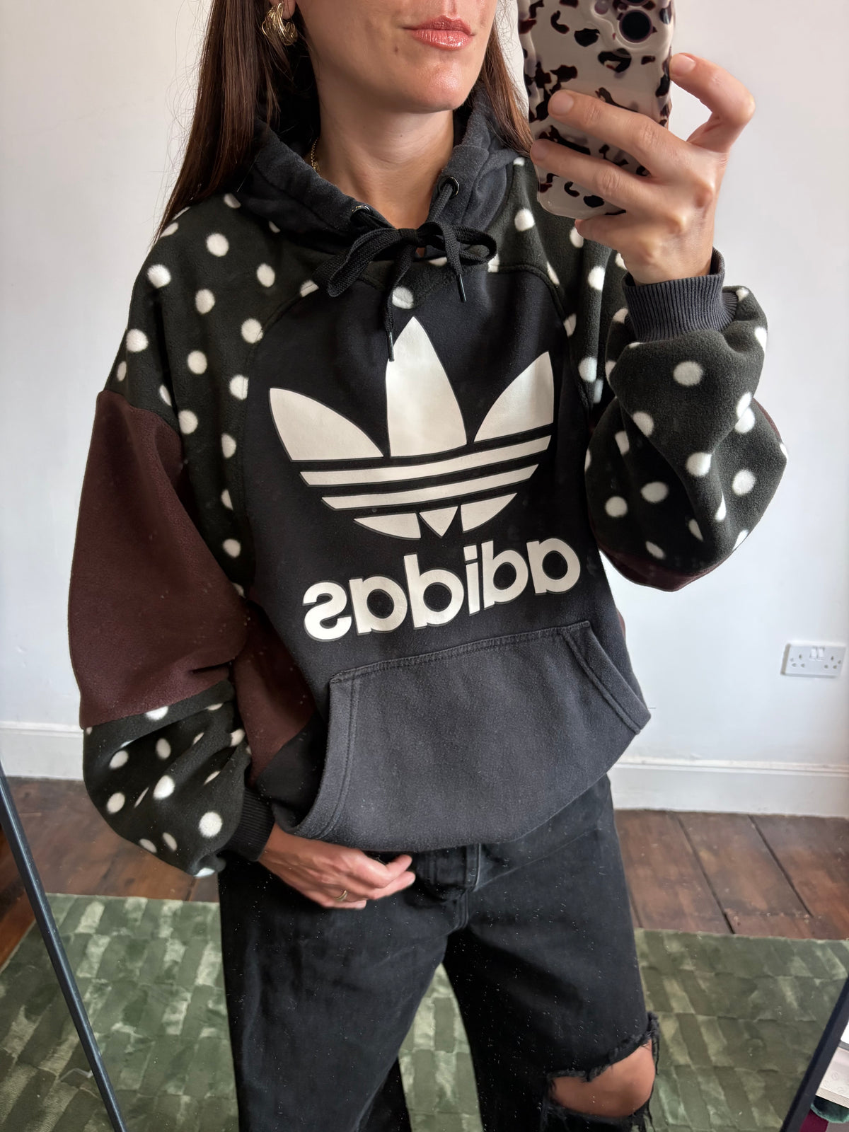 Y2K adidas logo polka dot and brown fleece patchwork hoodie sweatshirt.