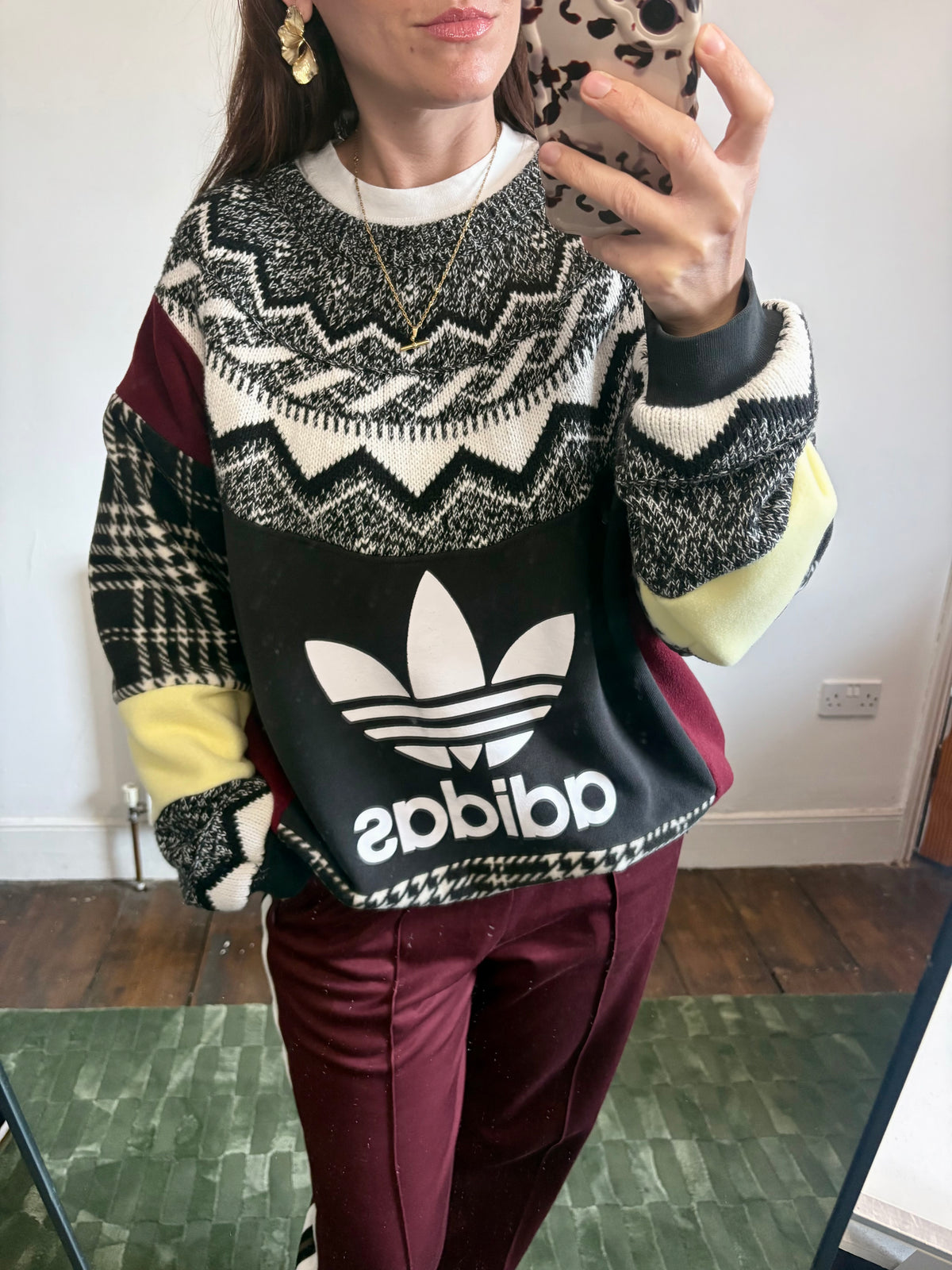 Vintage adidas logo Fair Isle pattern knit burgundy, butter yellow patchwork sweatshirt.