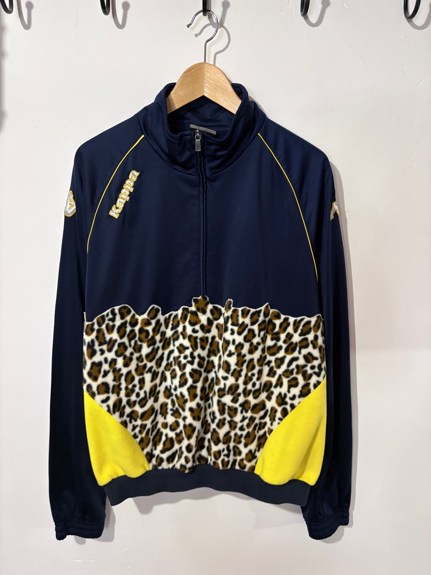 Vintage Y2K Kappa leopard print yellow patchwork fleece 1/4 zip track jacket sweatshirt.