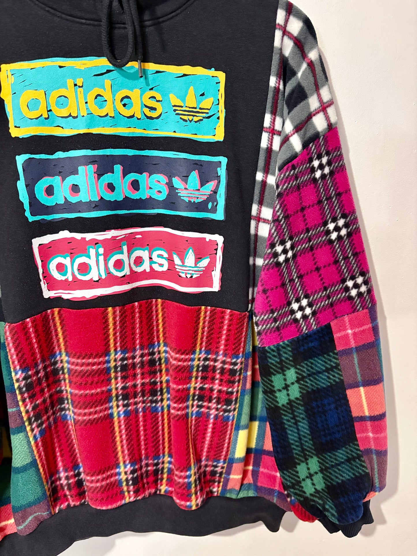 Y2K black adidas tartan checked fleece patchwork hoodie sweatshirt.