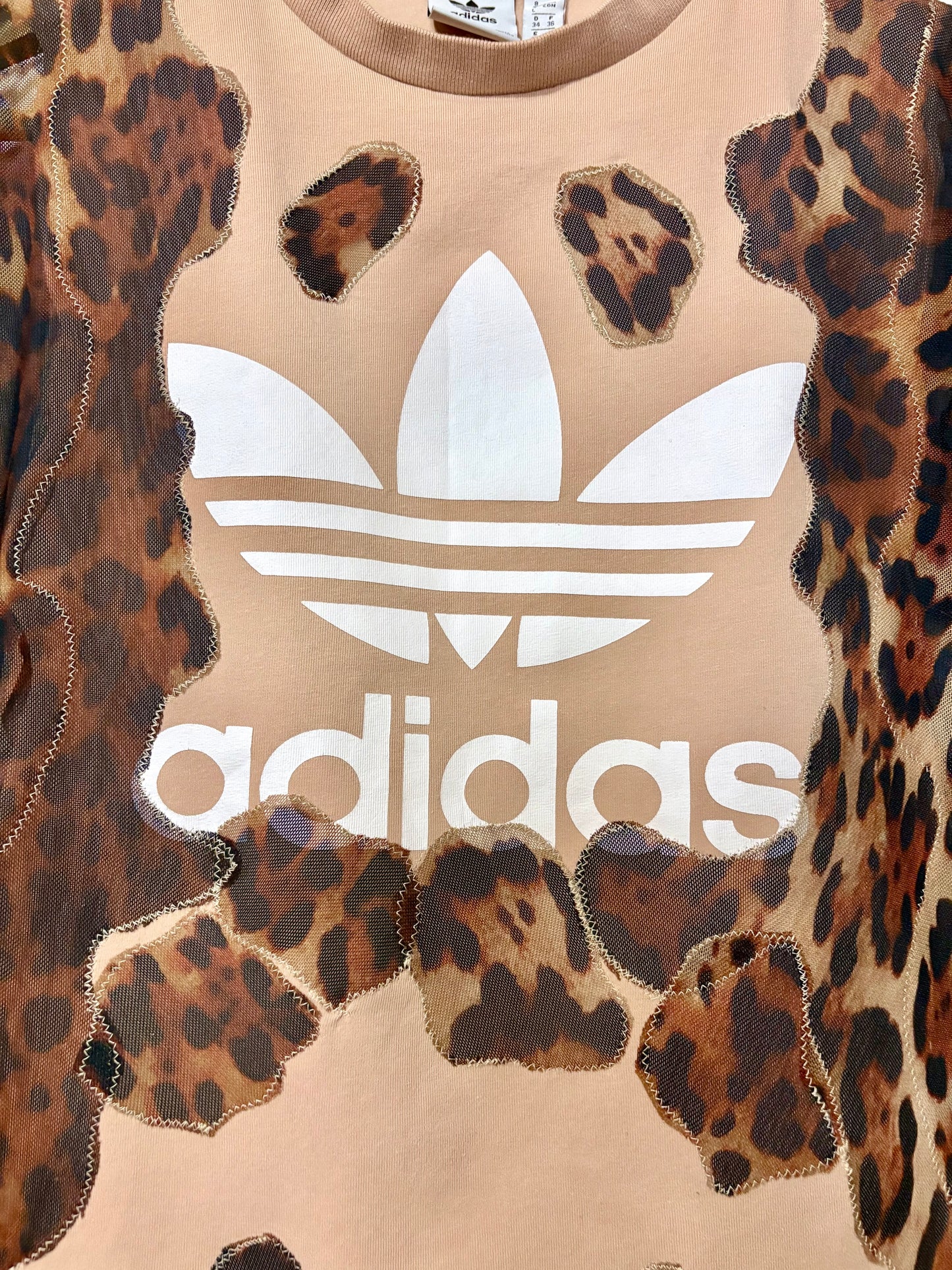 Vintage Y2K adidas leopard print sheer mesh wavy patchwork baby tee tshirt.