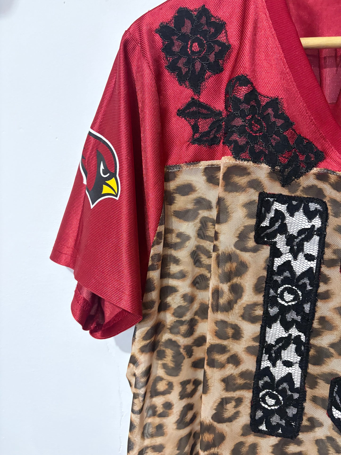 Vintage Y2K NFL Arizona Cardinals leopard print sheer mesh lace cropped jersey tshirt.