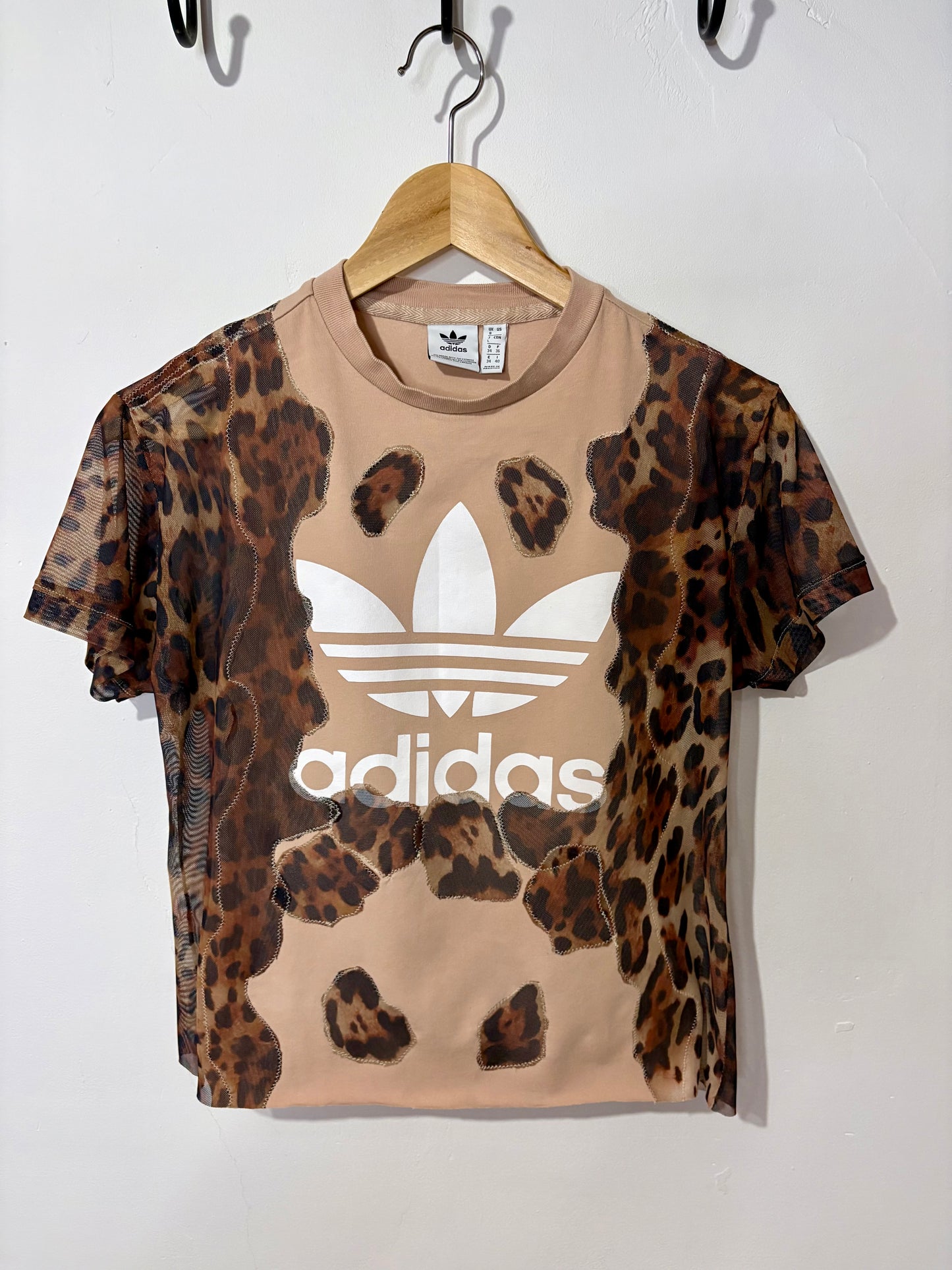 Vintage Y2K adidas leopard print sheer mesh wavy patchwork baby tee tshirt.