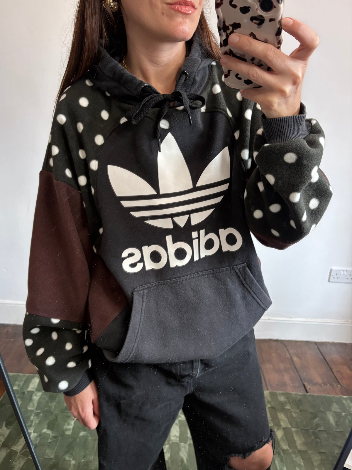 Y2K adidas logo polka dot and brown fleece patchwork hoodie sweatshirt.