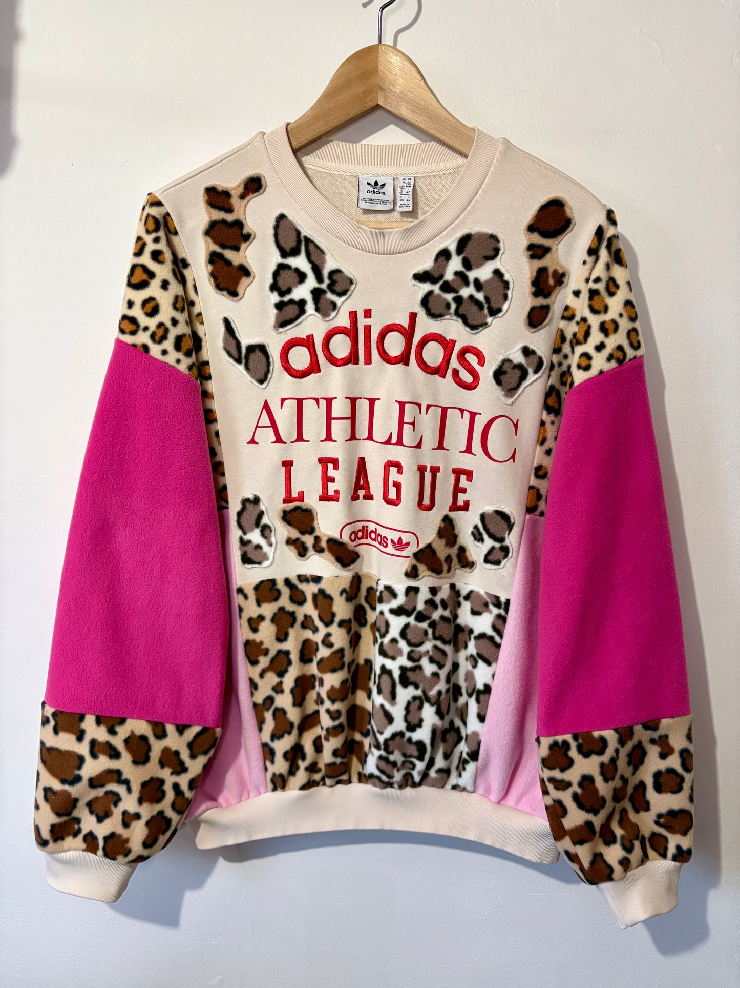 Y2K cream adidas leopard, animal print, pink patchwork fleece sweatshirt.