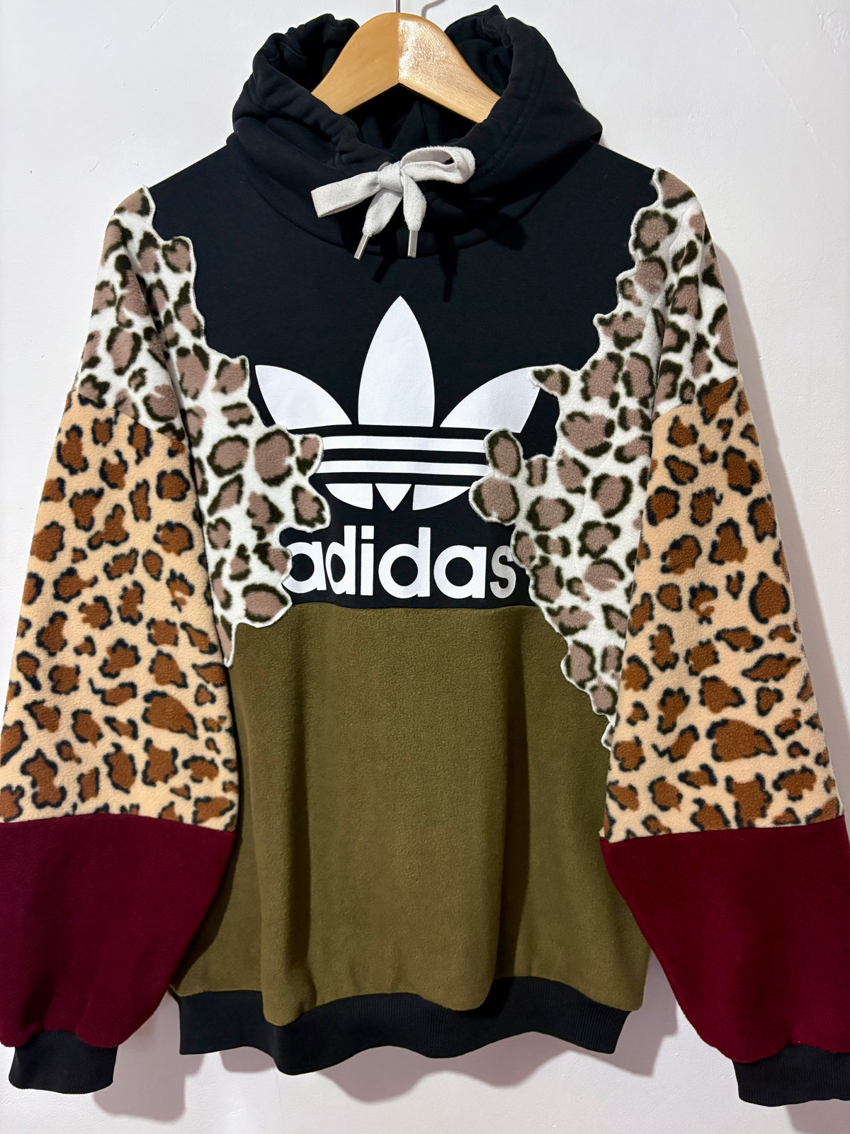 Y2K black adidas logo leopard print, khaki and burgundy fleece patchwork hoodie sweatshirt.