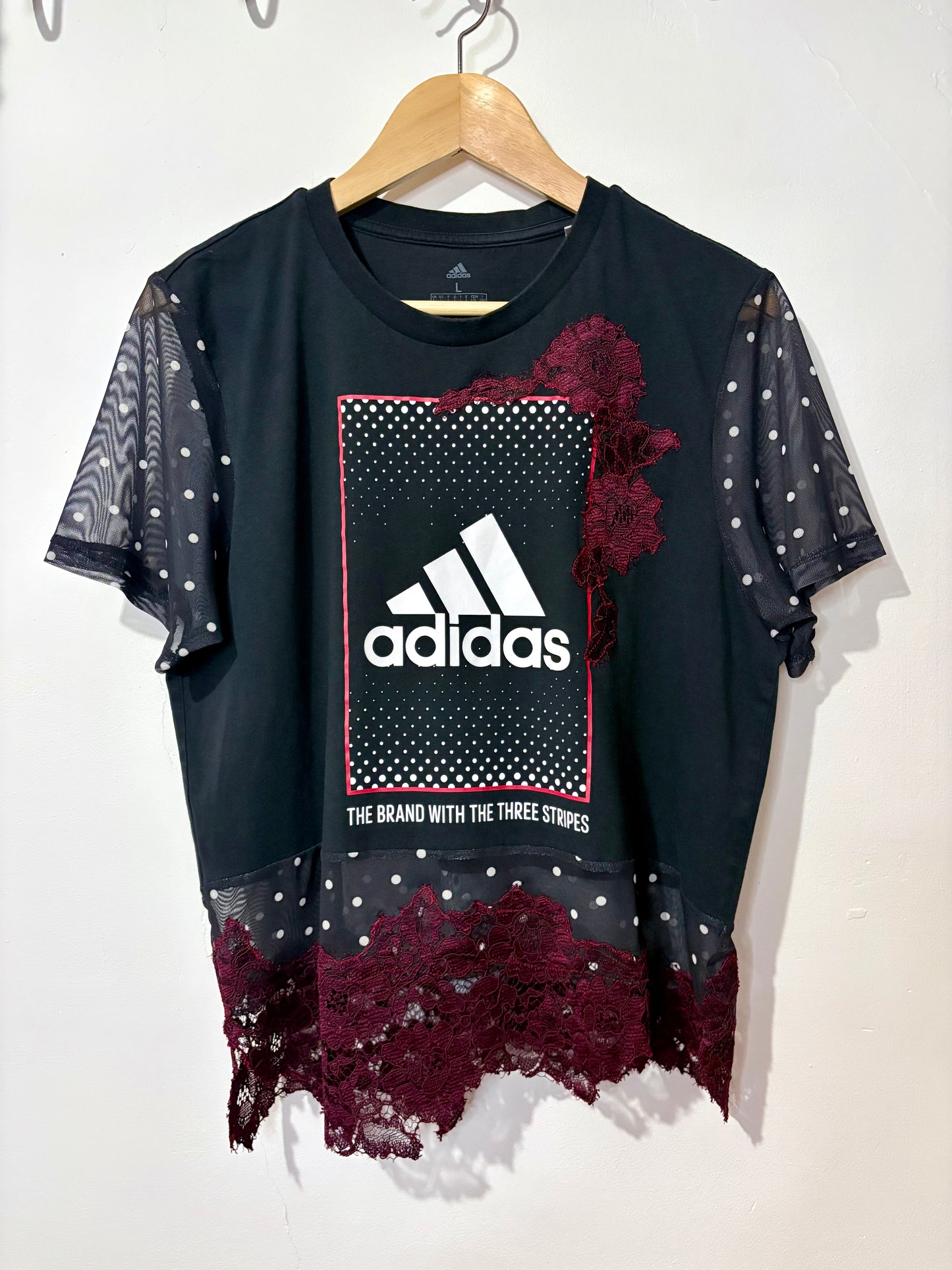 Vintage Y2K adidas polka dot sheer mesh burgundy lace patchwork tshirt