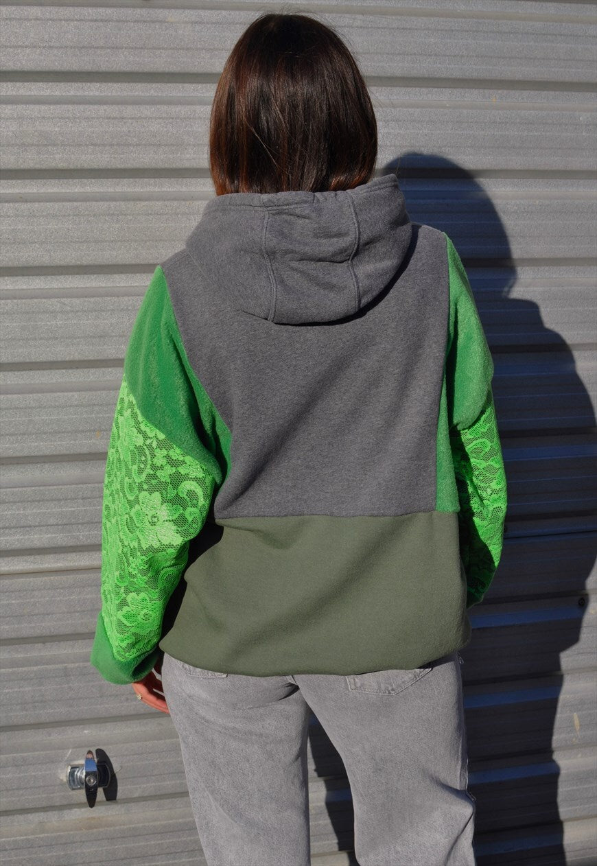 Y2K vintage reworked Nike patchwork green neon lace hoodie.