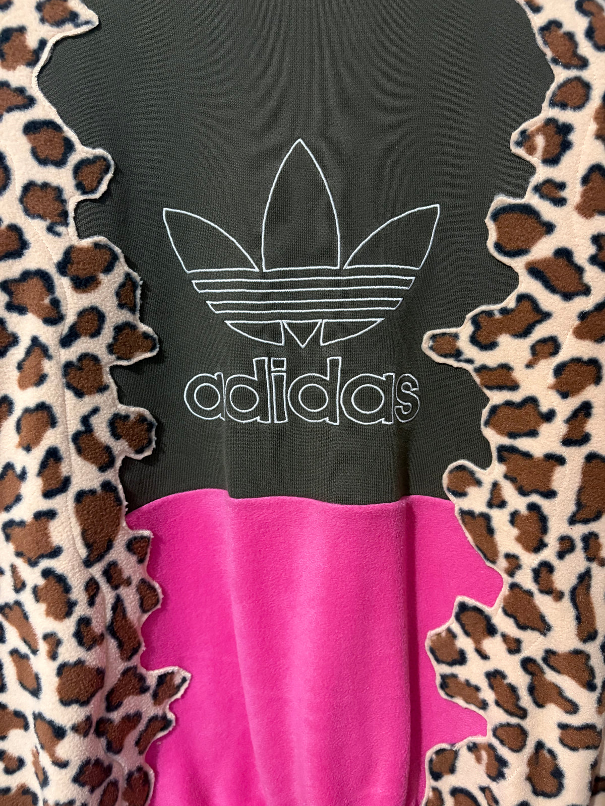 Y2K khaki adidas, leopard print, pink and burgundy patchwork fleece sweatshirt.