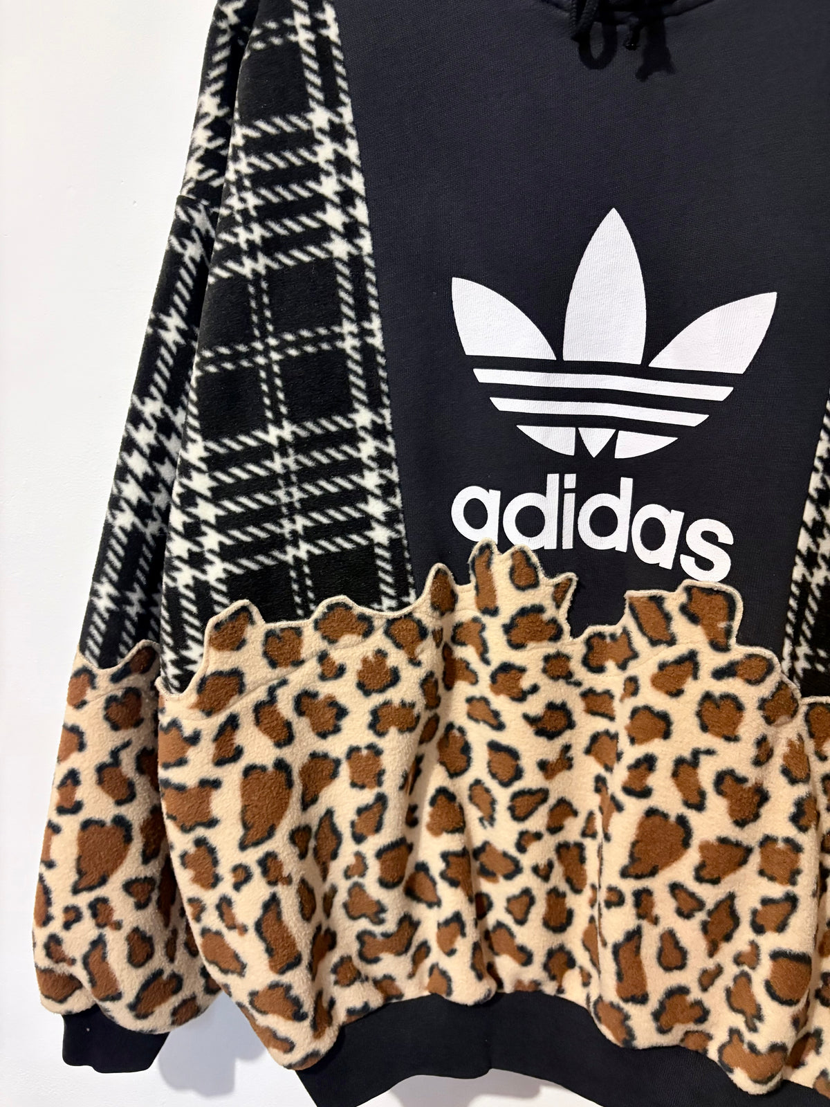 Y2K black adidas logo checked tartan and leopard print hoodie sweatshirt.
