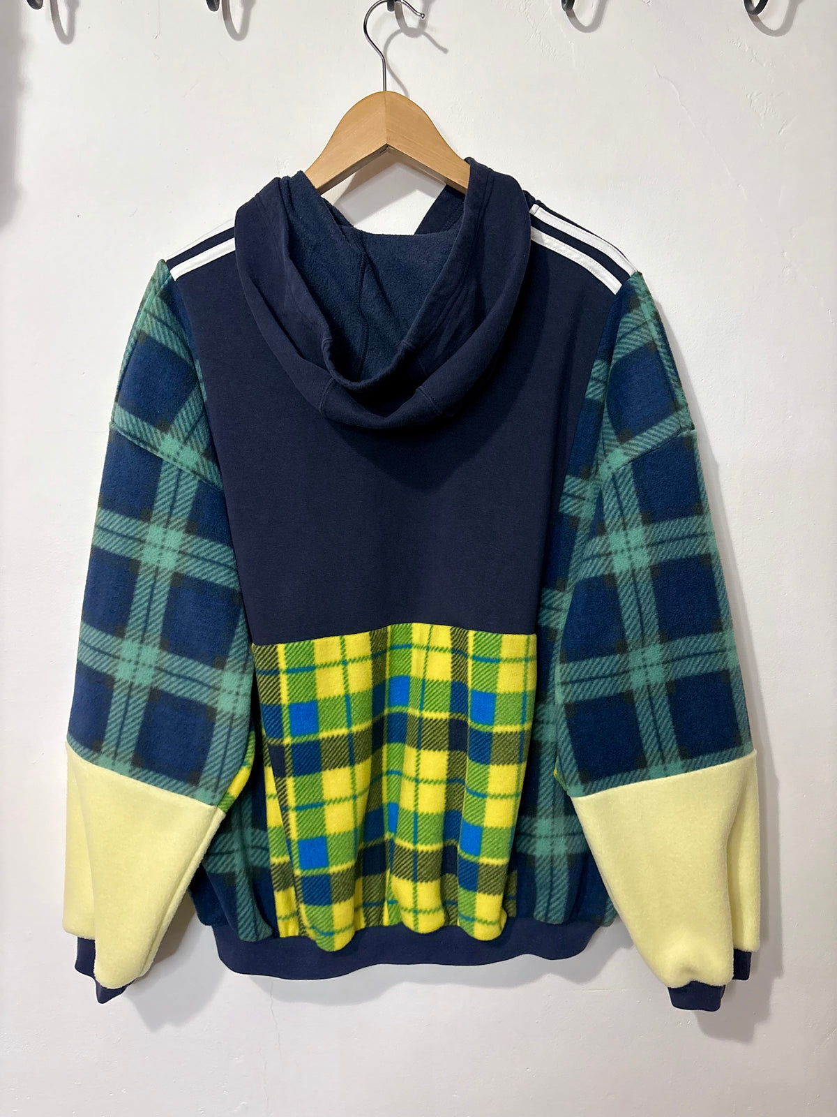 Y2K navy adidas spell out logo clashing checked tartan patchwork hoodie sweatshirt.