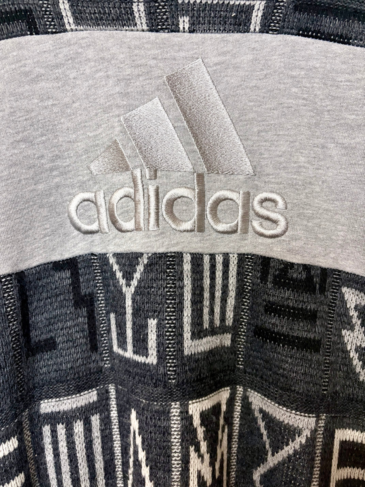 Vintage grey, brown and baby blue adidas logo funky pattern knit patchwork sweatshirt.