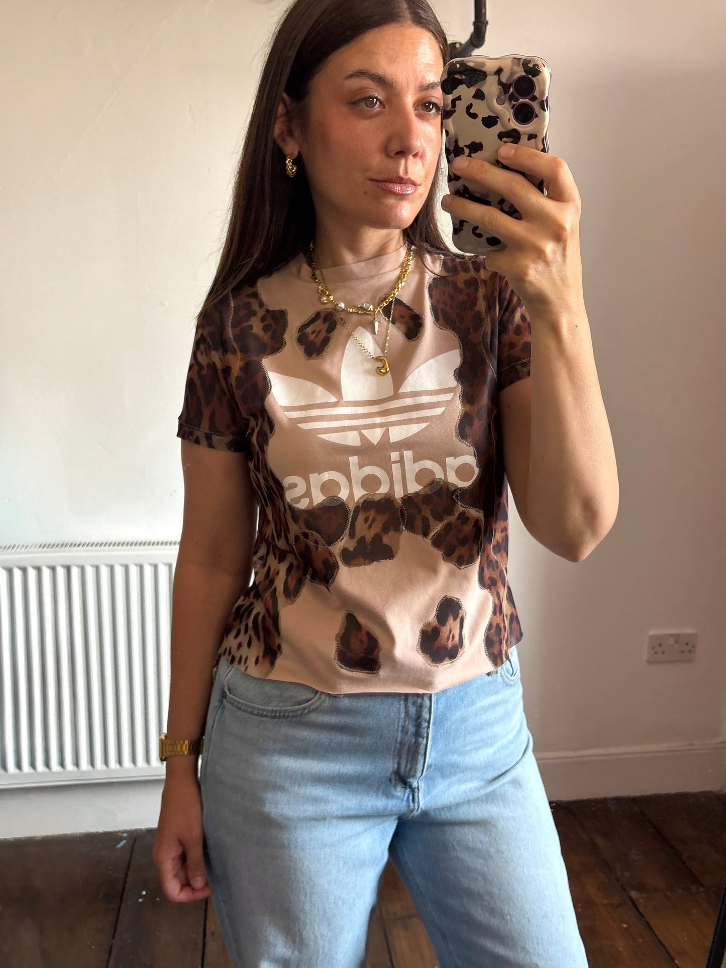 Vintage Y2K adidas leopard print sheer mesh wavy patchwork baby tee tshirt.