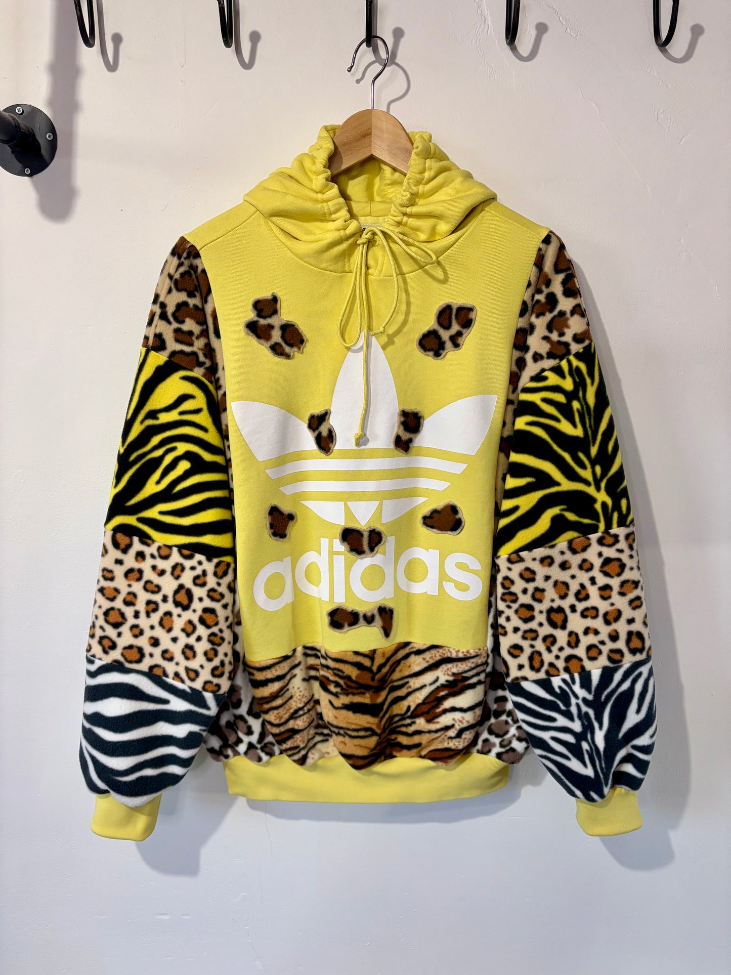Y2K yellow adidas leopard animal print, patchwork fleece hoodie sweatshirt.