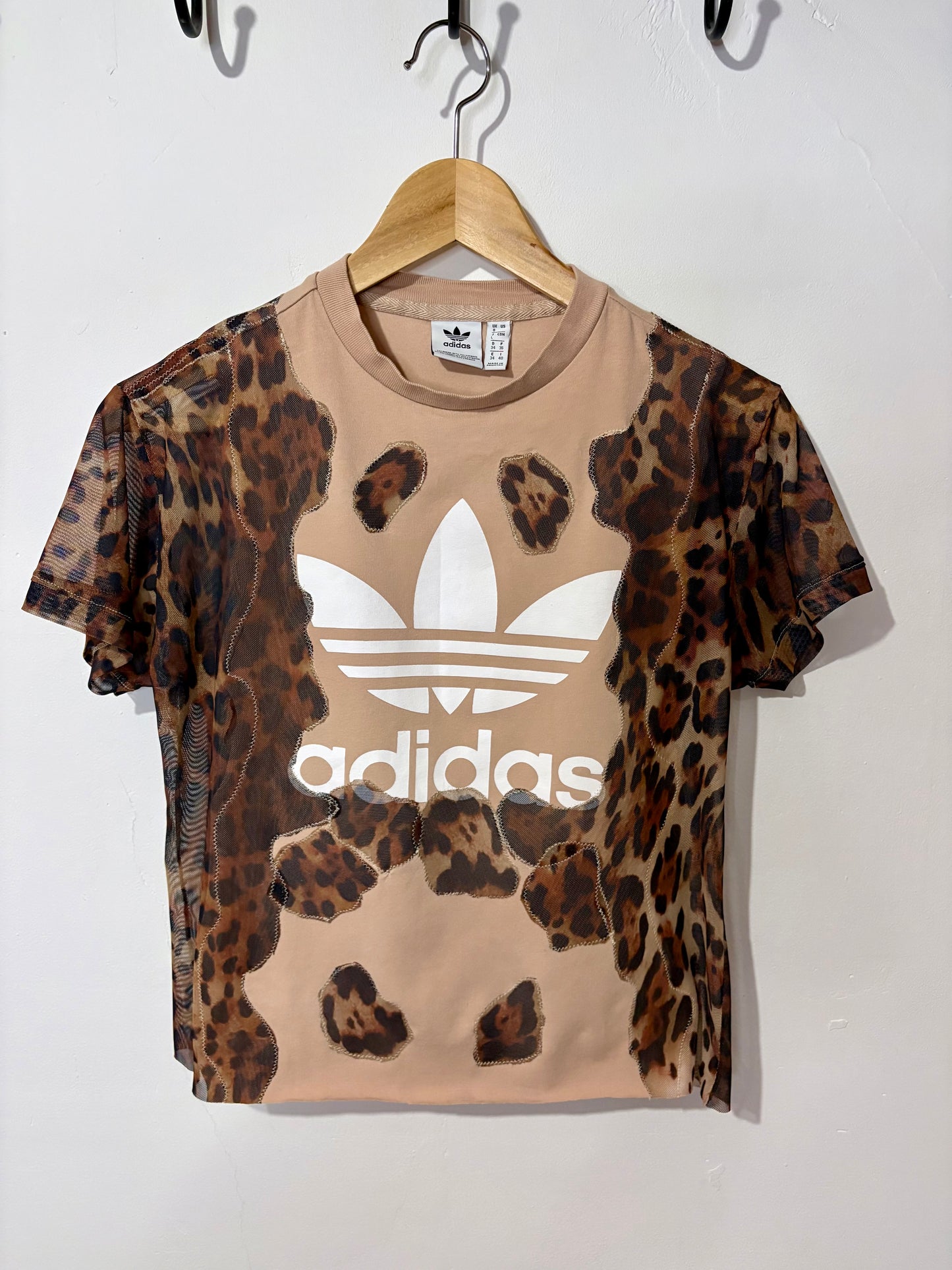 Vintage Y2K adidas leopard print sheer mesh wavy patchwork baby tee tshirt.