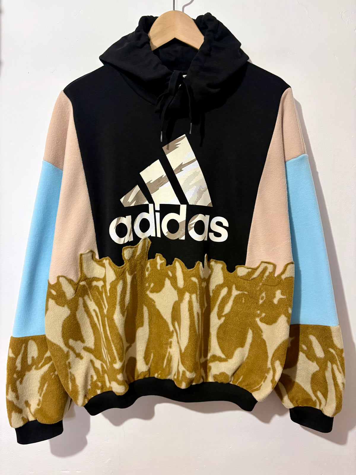 Y2K black adidas logo camouflage and baby blue fleece patchwork hoodie sweatshirt.