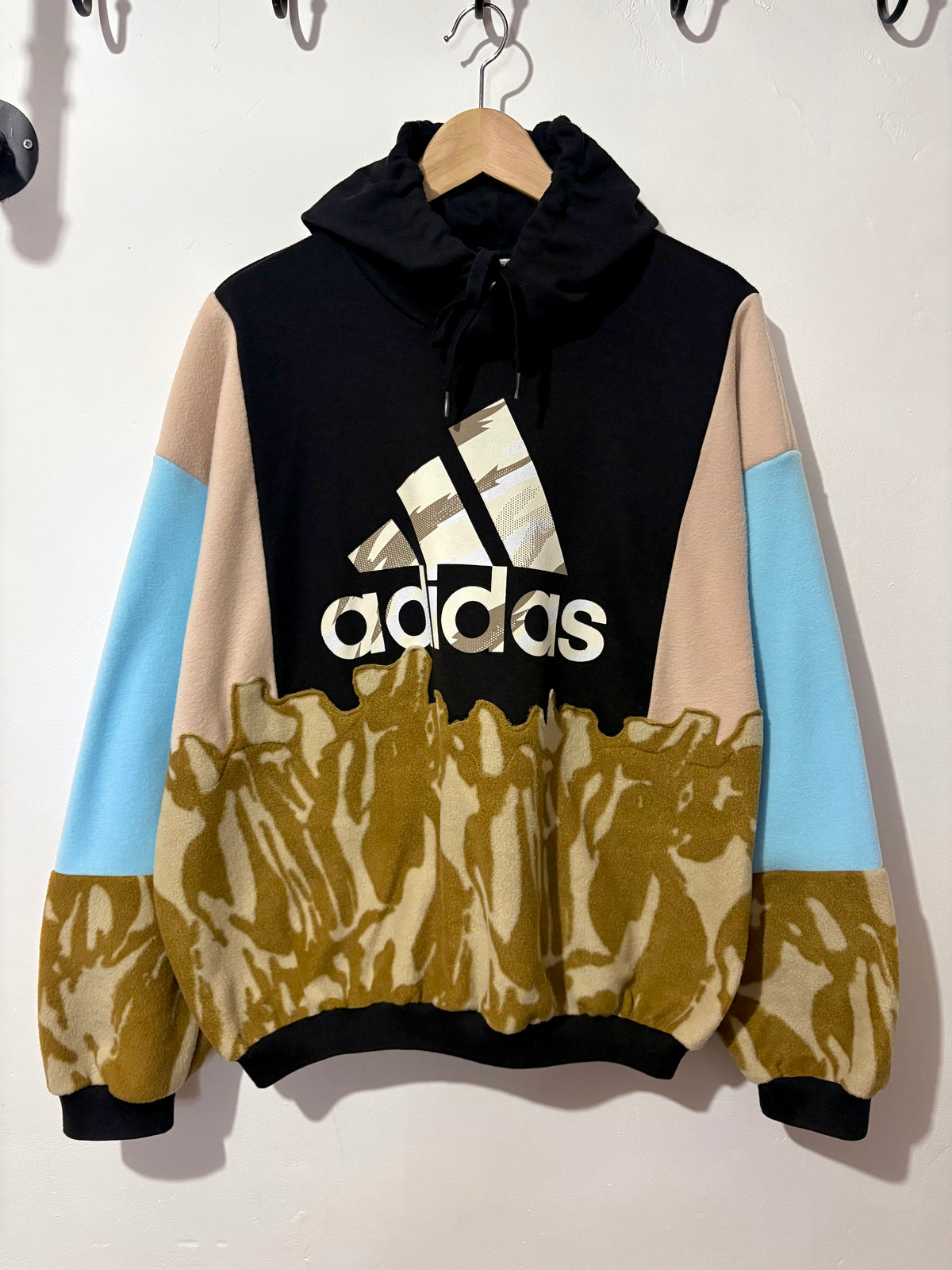 Y2K black adidas logo camouflage and baby blue fleece patchwork hoodie sweatshirt.