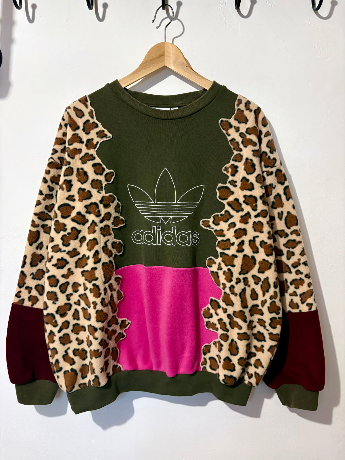 Y2K khaki adidas, leopard print, pink and burgundy patchwork fleece sweatshirt.