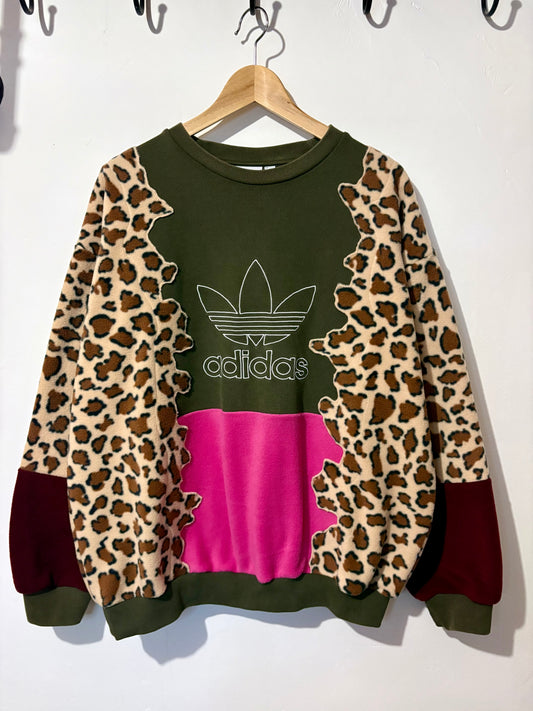 Y2K khaki adidas, leopard print, pink and burgundy patchwork fleece sweatshirt.