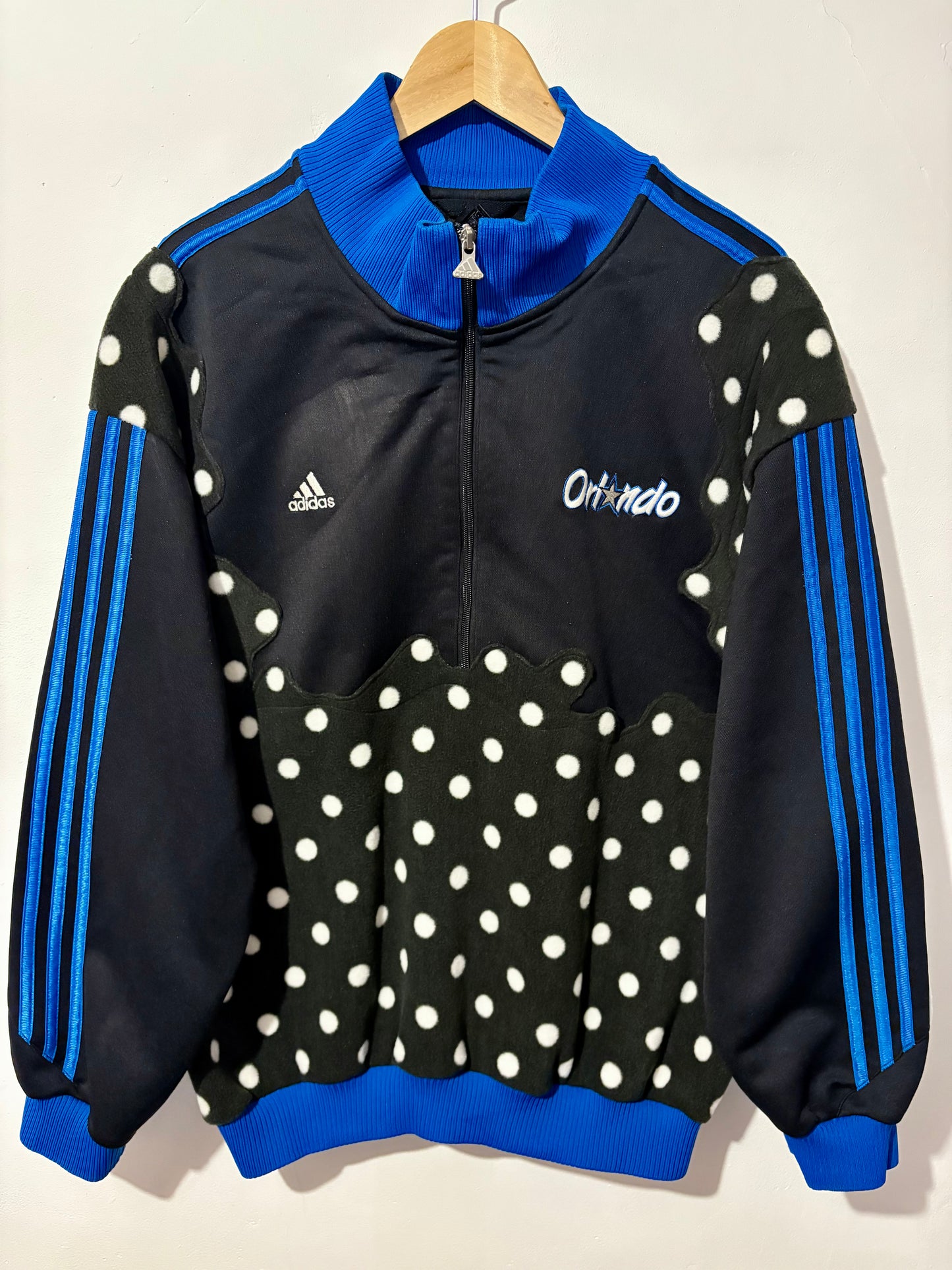 Vintage Y2K Adidas Orlando Magic NBA polka dot fleece patchwork 1/2 zip track jacket sweatshirt.