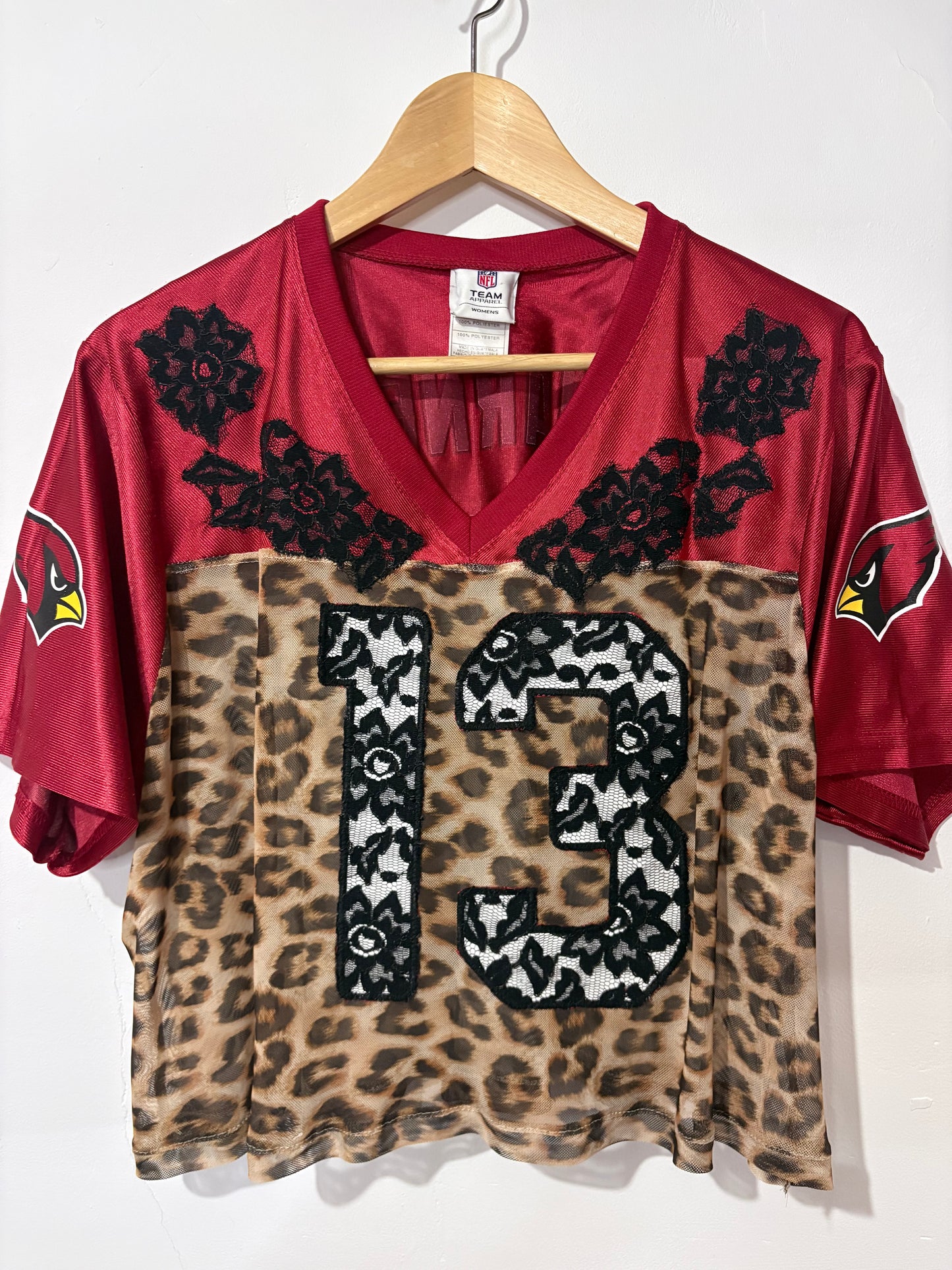 Vintage Y2K NFL Arizona Cardinals leopard print sheer mesh lace cropped jersey tshirt.