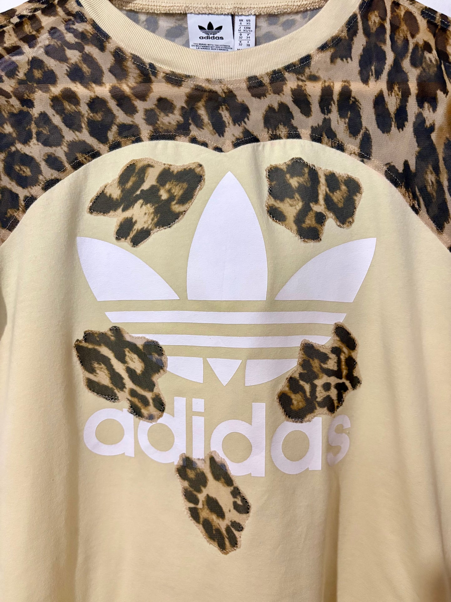 Vintage Y2K butter yellow adidas leopard print sheer mesh patchwork baby tee tshirt.