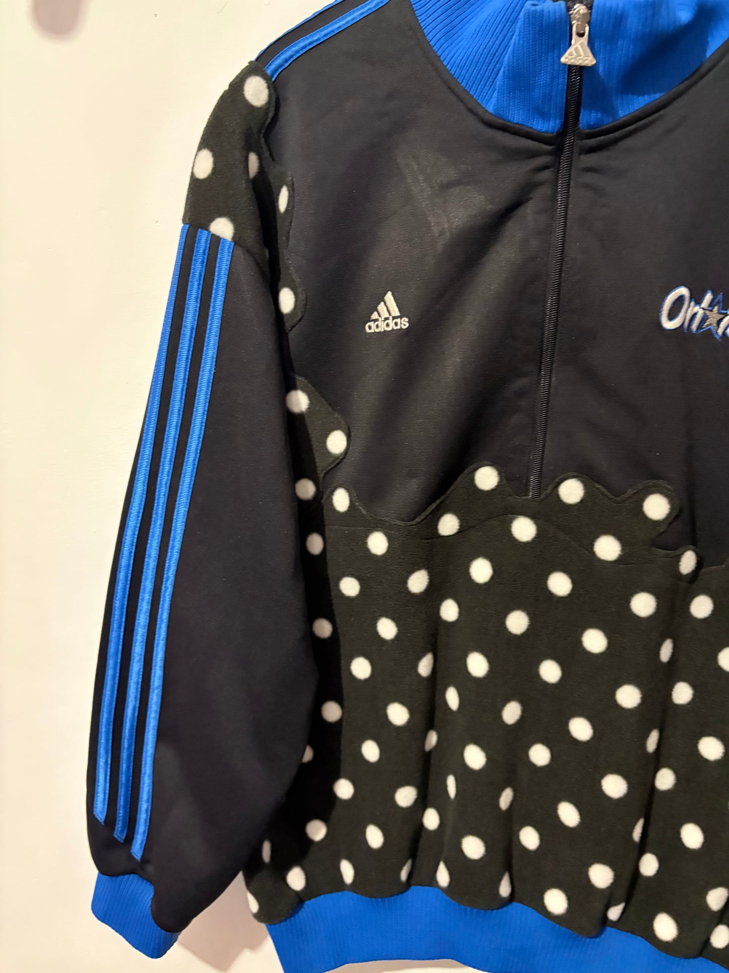 Vintage Y2K Adidas Orlando Magic NBA polka dot fleece patchwork 1/2 zip track jacket sweatshirt.