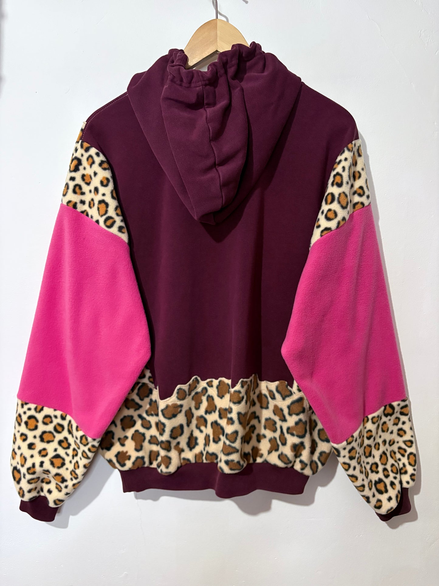 Y2K burgundy adidas leopard animal print, pink patchwork fleece hoodie sweatshirt