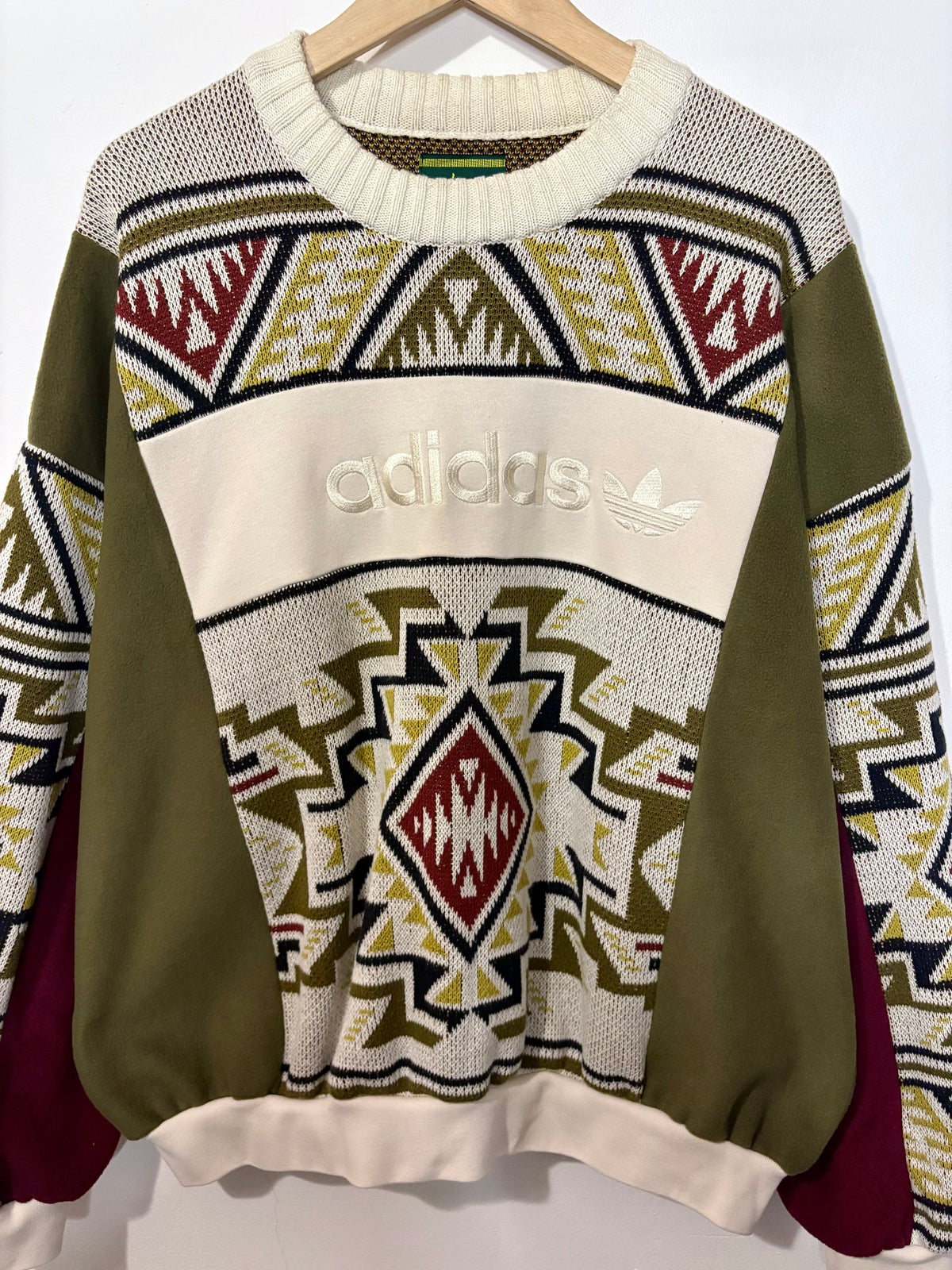 Vintage cream adidas logo funky pattern knit patchwork burgundy, khaki fleece sweatshirt.