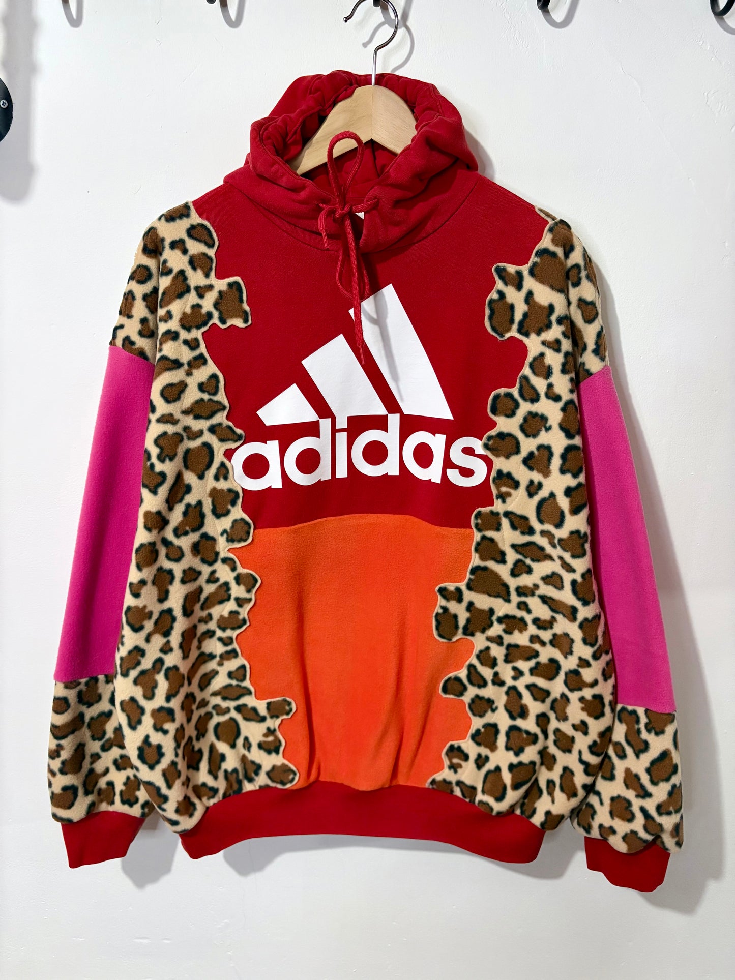 Y2K red adidas trefoil logo leopard print, pink and orange patchwork fleece hoodie sweatshirt.