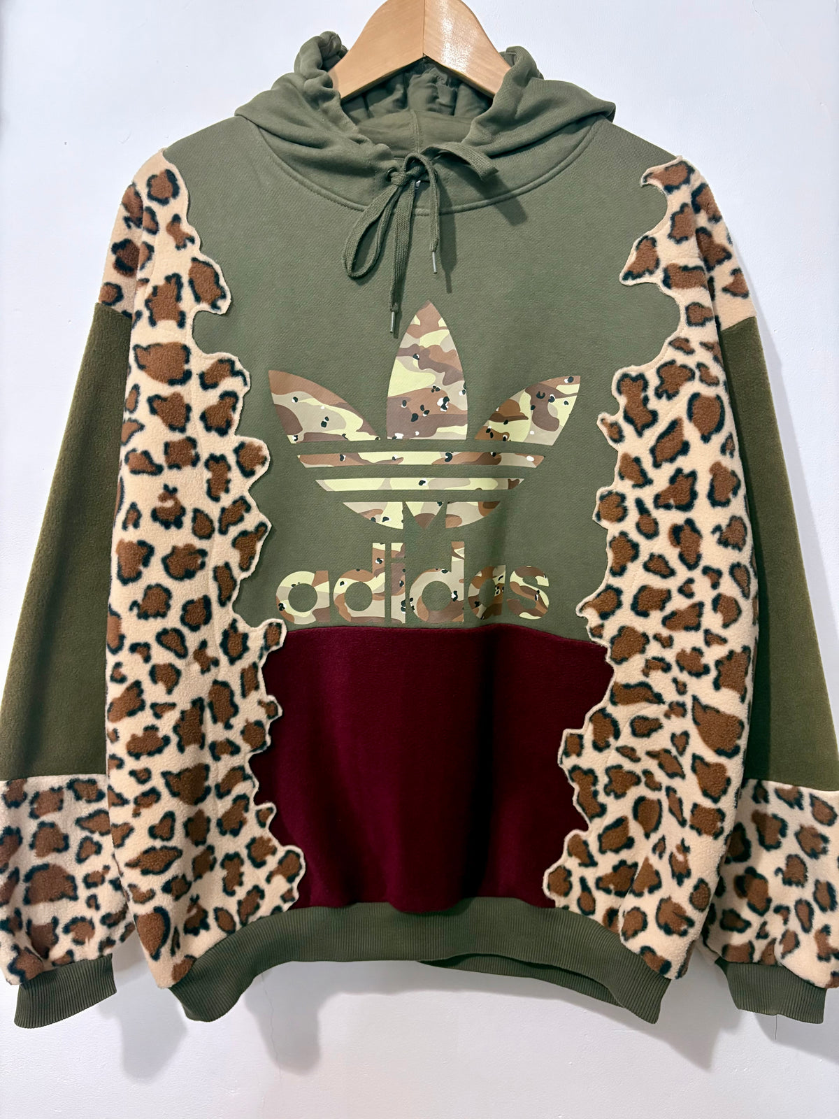 Y2K khaki adidas camouflage logo leopard print and burgundy fleece patchwork hoodie sweatshirt.