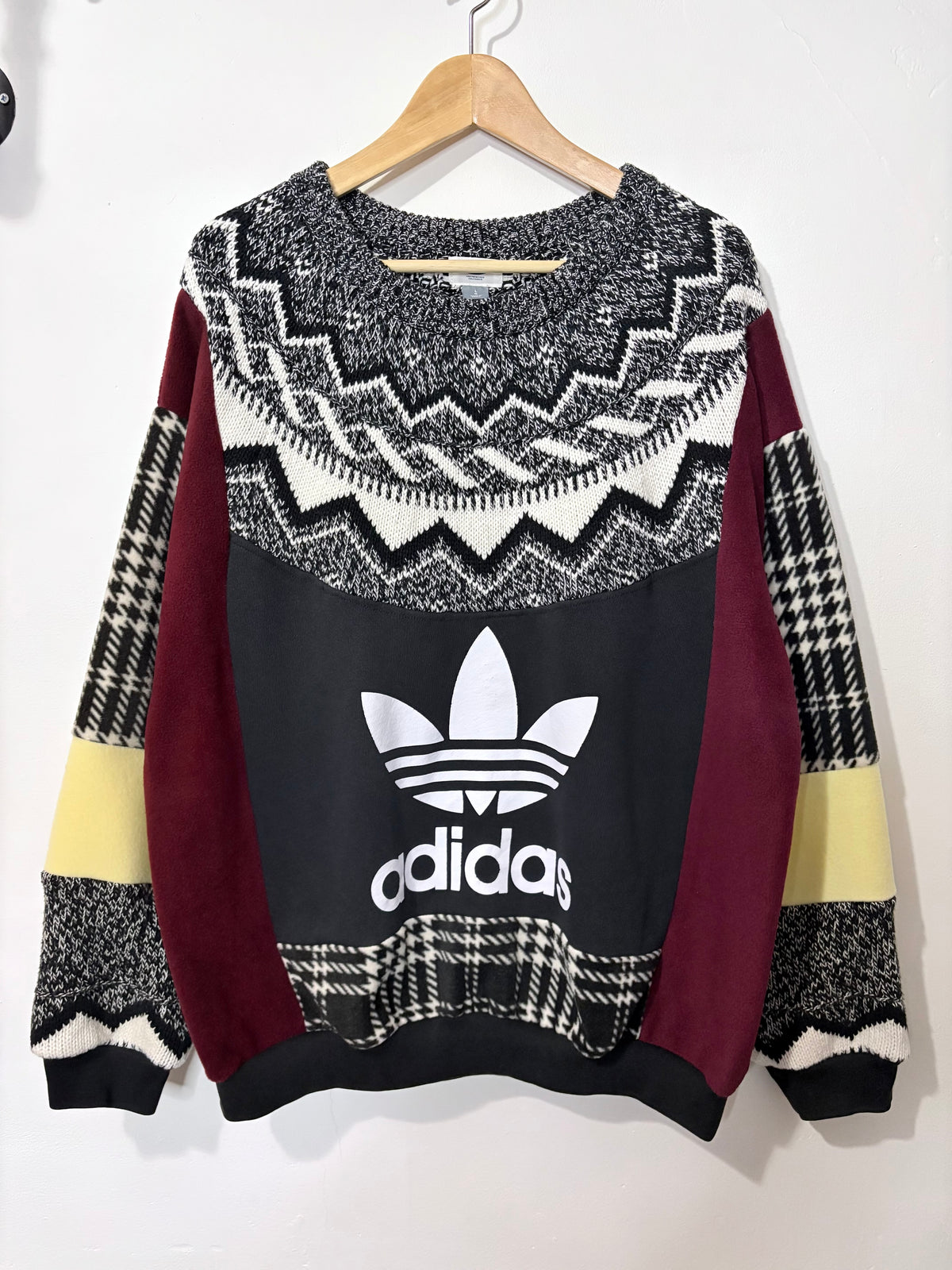 Vintage adidas logo Fair Isle pattern knit burgundy, butter yellow patchwork sweatshirt.