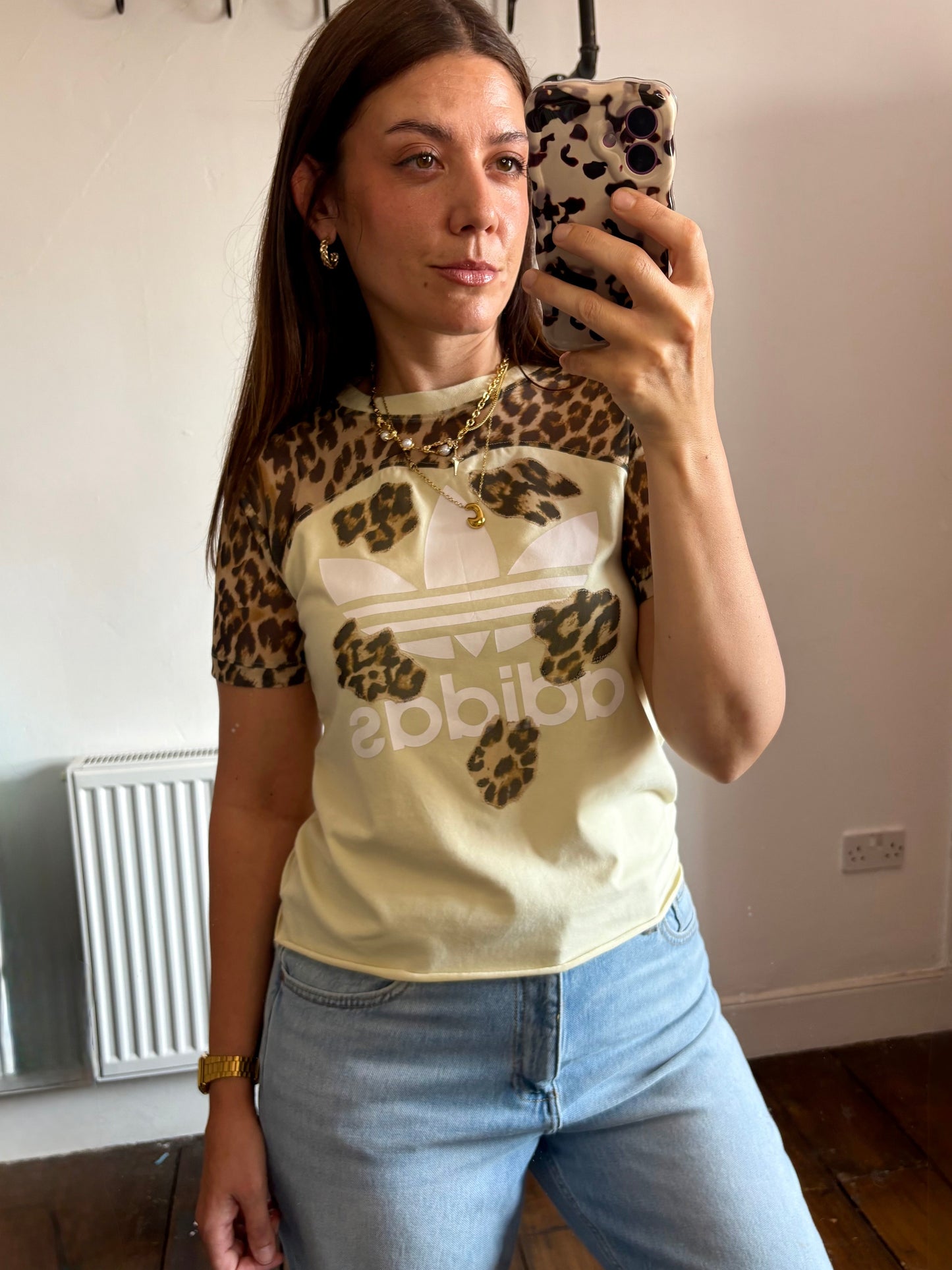 Vintage Y2K butter yellow adidas leopard print sheer mesh patchwork baby tee tshirt.