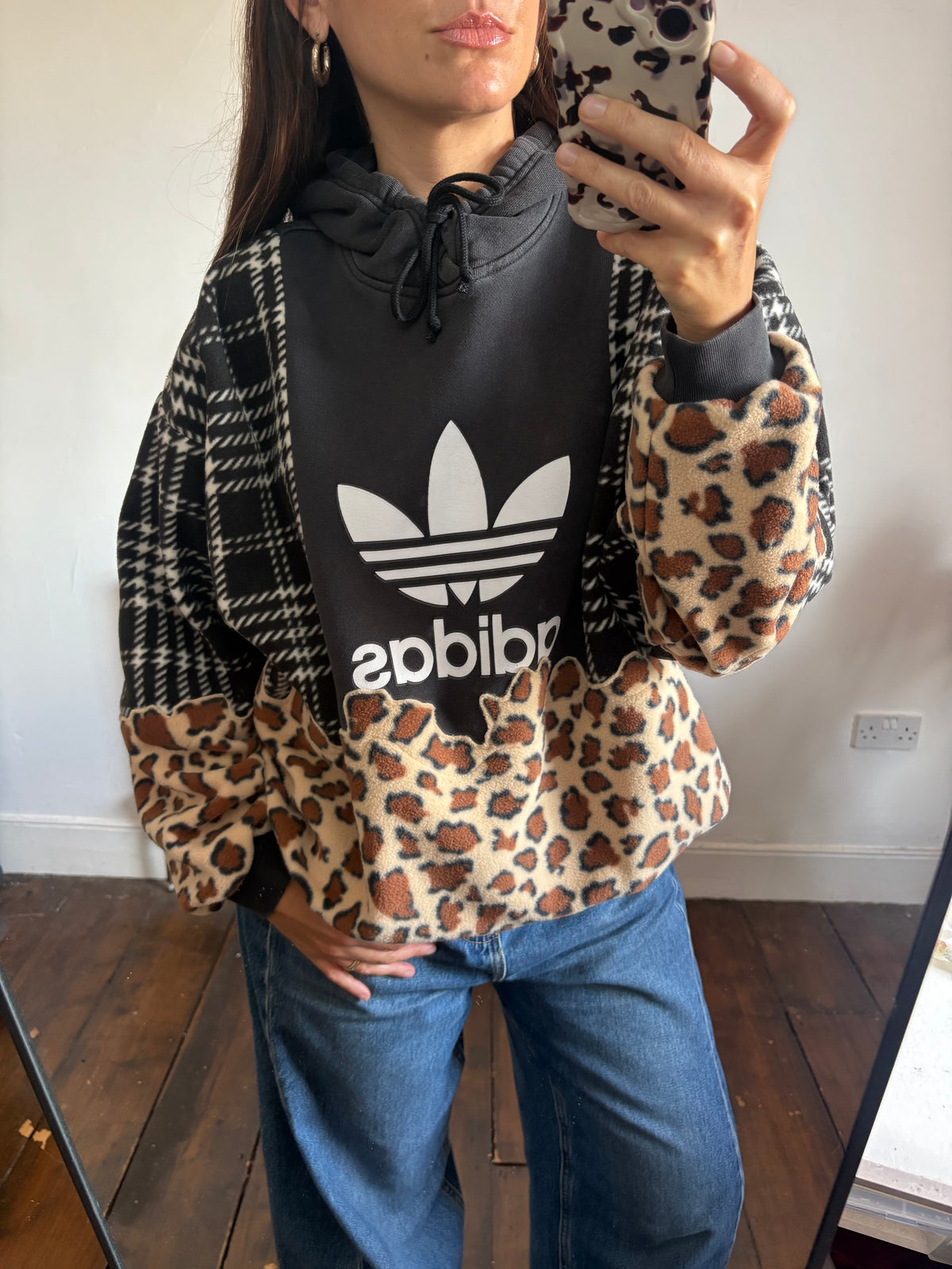 Y2K black adidas logo checked tartan and leopard print hoodie sweatshirt.