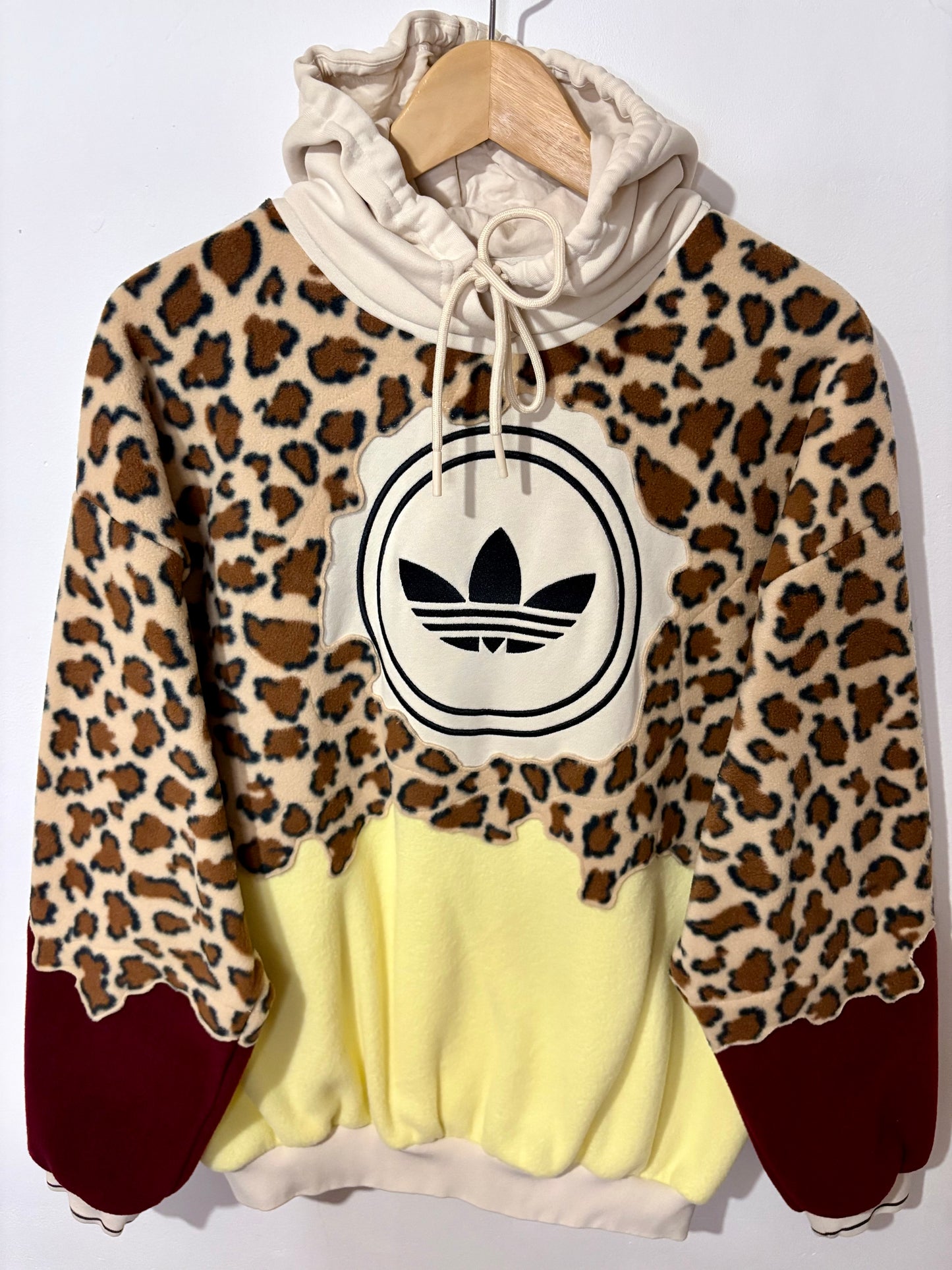 Y2K adidas leopard print, butter yellow, burgundy patchwork fleece hoodie sweatshirt.