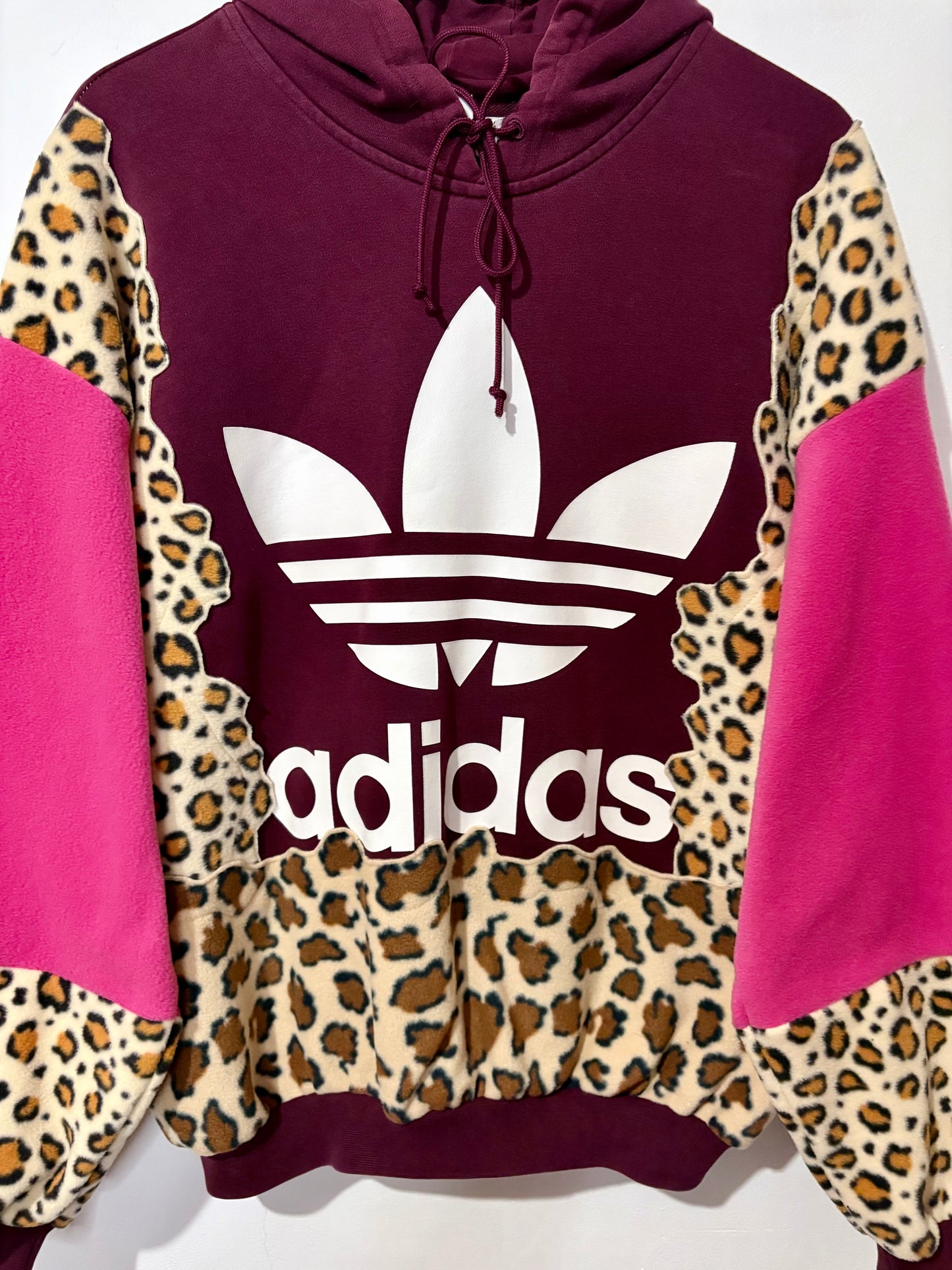 Y2K burgundy adidas leopard animal print, pink patchwork fleece hoodie sweatshirt
