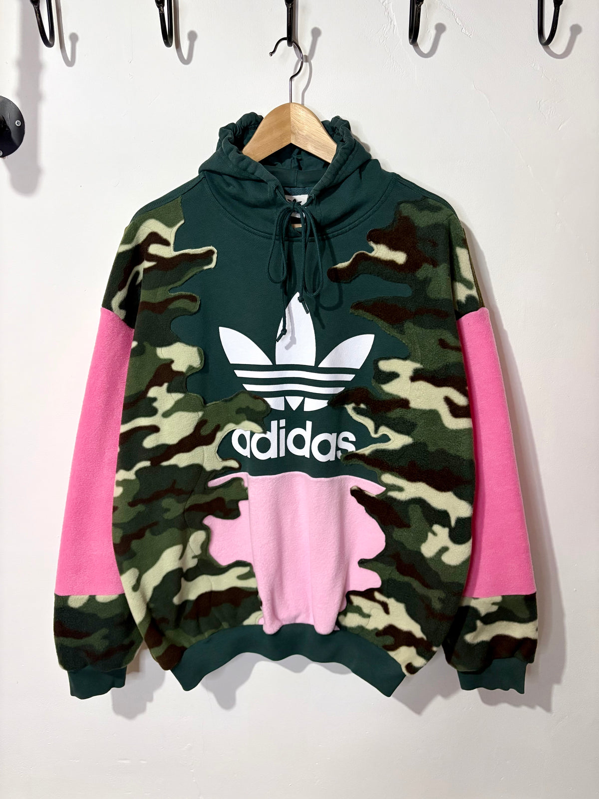 Y2K green adidas camouflage and pink patchwork fleece hoodie sweatshirt.