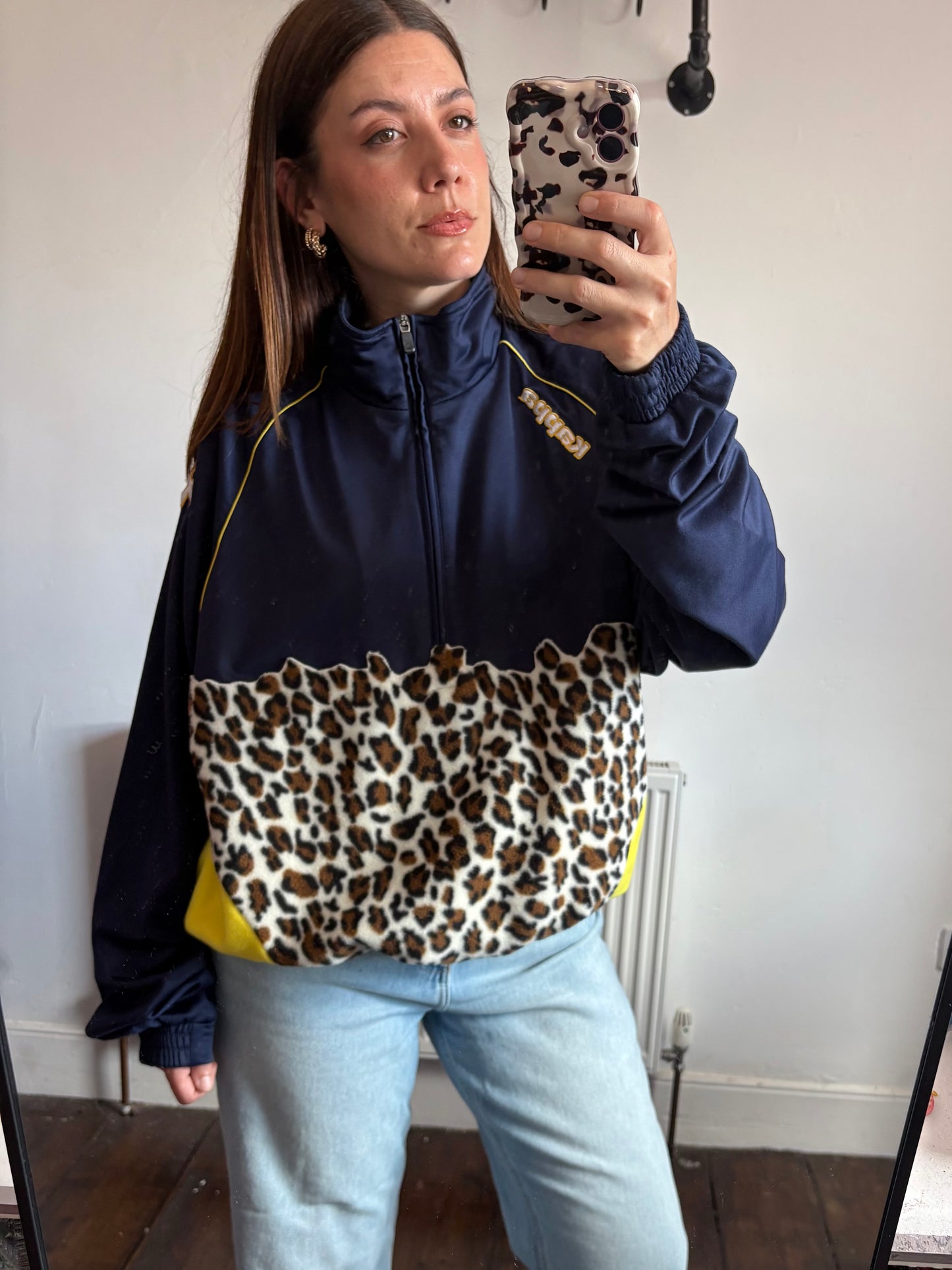 Vintage Y2K Kappa leopard print yellow patchwork fleece 1/4 zip track jacket sweatshirt.