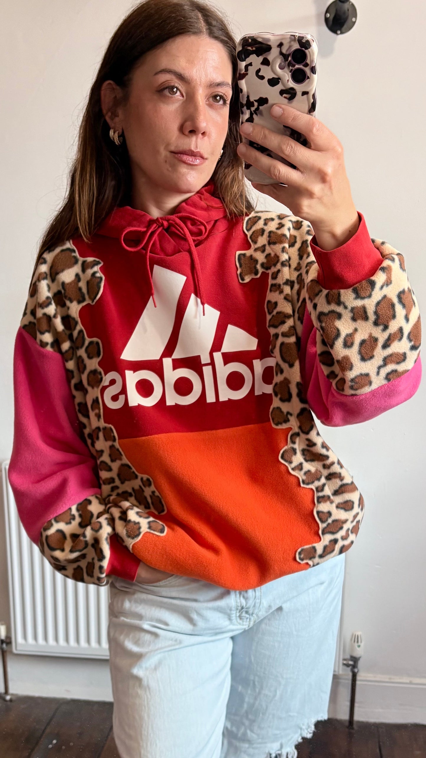 Y2K red adidas trefoil logo leopard print, pink and orange patchwork fleece hoodie sweatshirt.