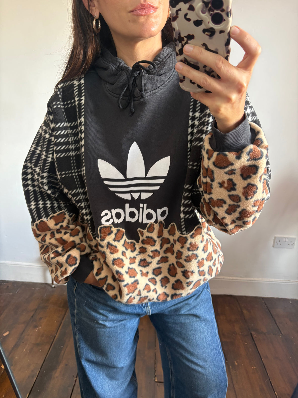 Y2K black adidas logo checked tartan and leopard print hoodie sweatshirt.