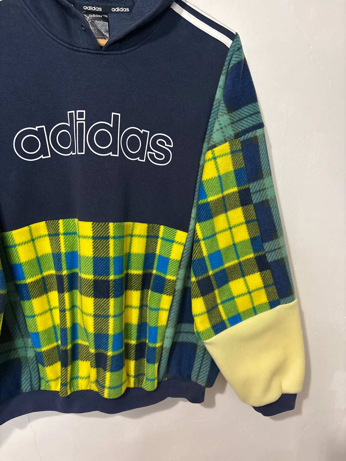 Y2K navy adidas spell out logo clashing checked tartan patchwork hoodie sweatshirt.