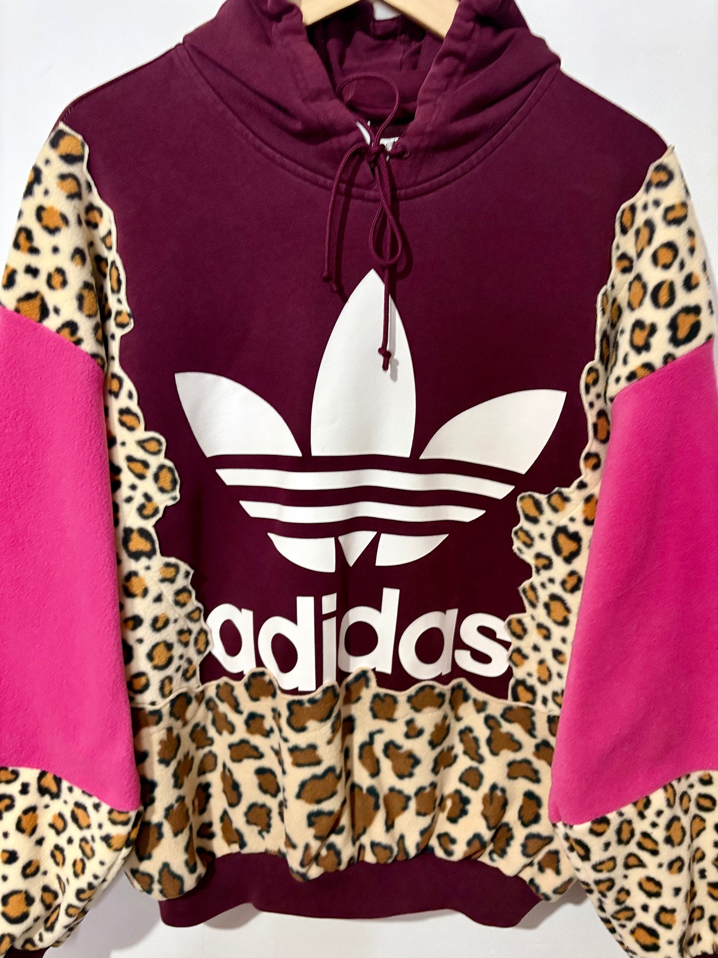 Y2K burgundy adidas leopard animal print, pink patchwork fleece hoodie sweatshirt