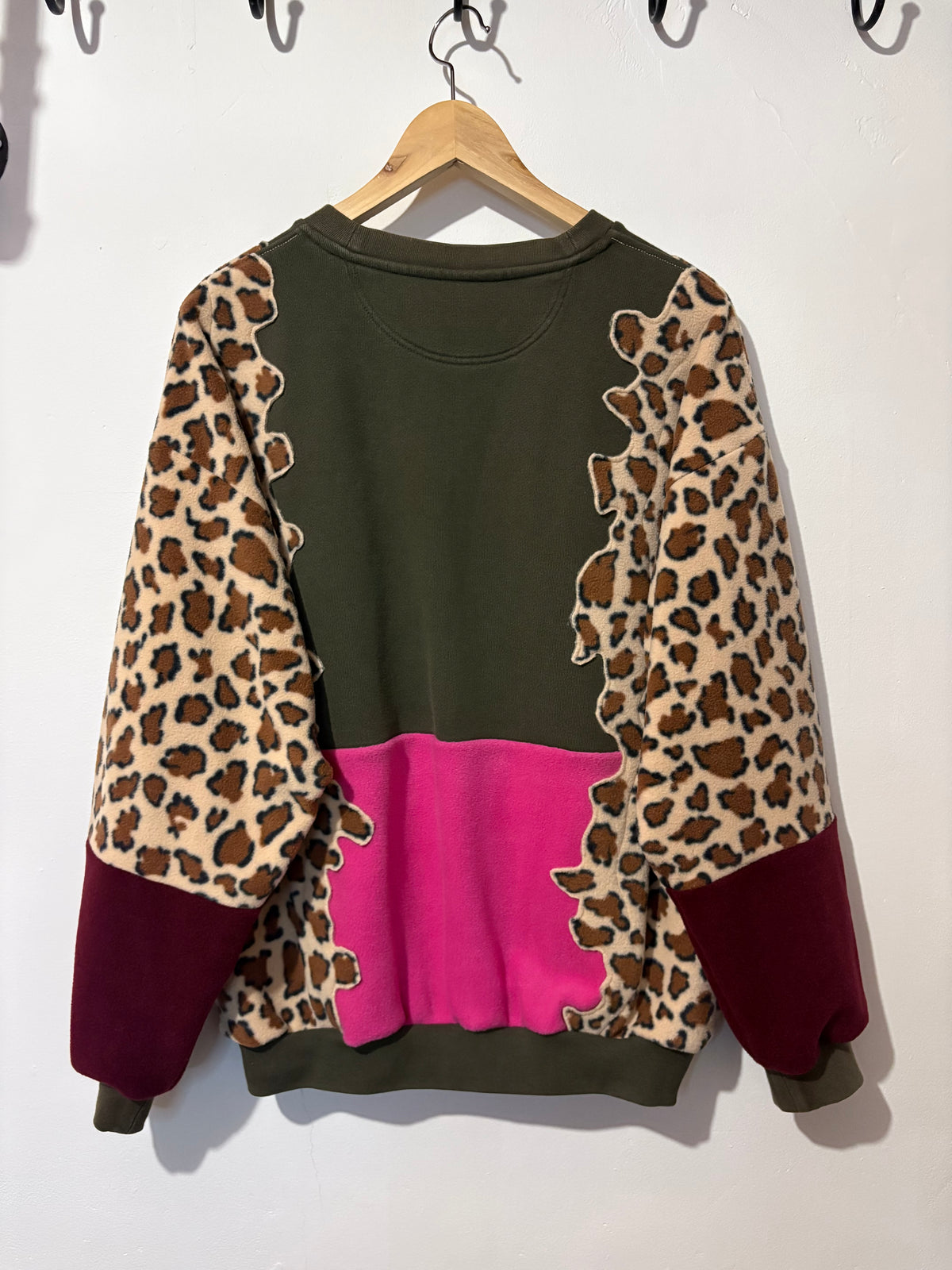 Y2K khaki adidas, leopard print, pink and burgundy patchwork fleece sweatshirt.
