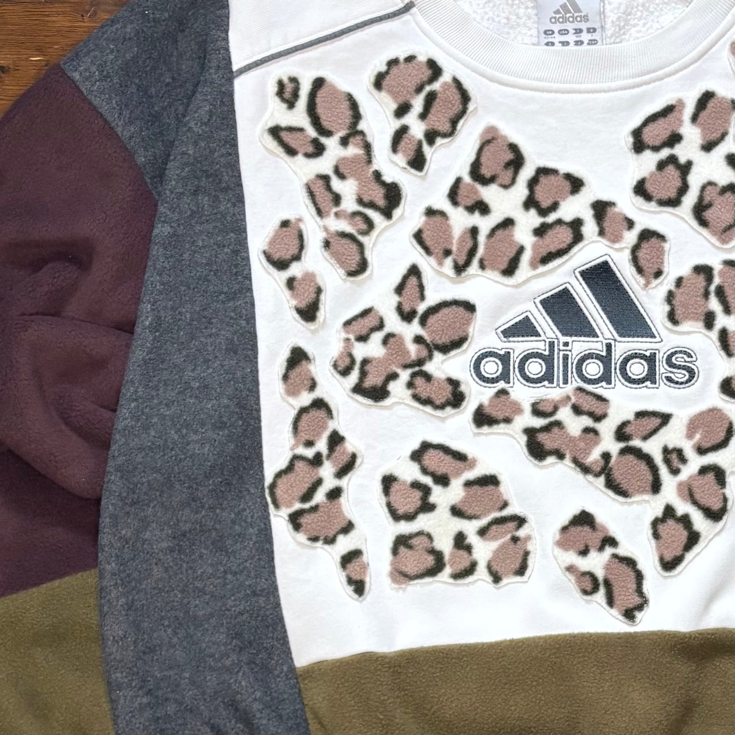 Leopard print fleece patchwork adidas logo sweatshirt