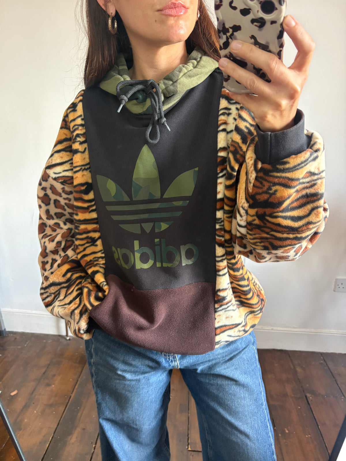 Y2K black adidas camouflage logo tiger and leopard fleece patchwork hoodie sweatshirt.