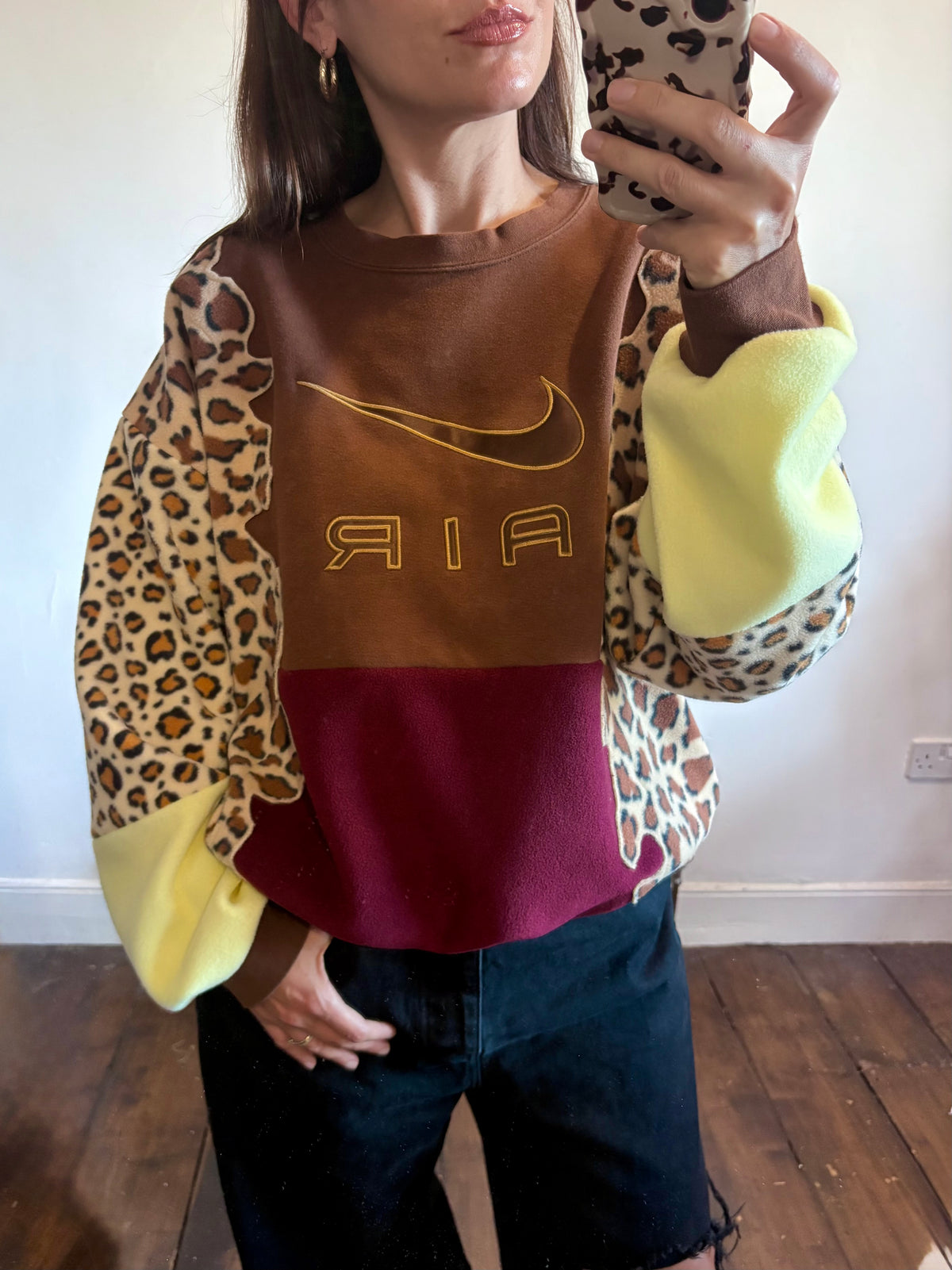 Y2K brown Nike air leopard print, burgundy and butter yellow fleece patchwork sweatshirt.