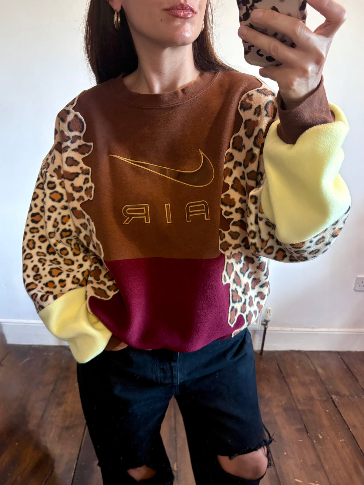 Y2K brown Nike air leopard print, burgundy and butter yellow fleece patchwork sweatshirt.